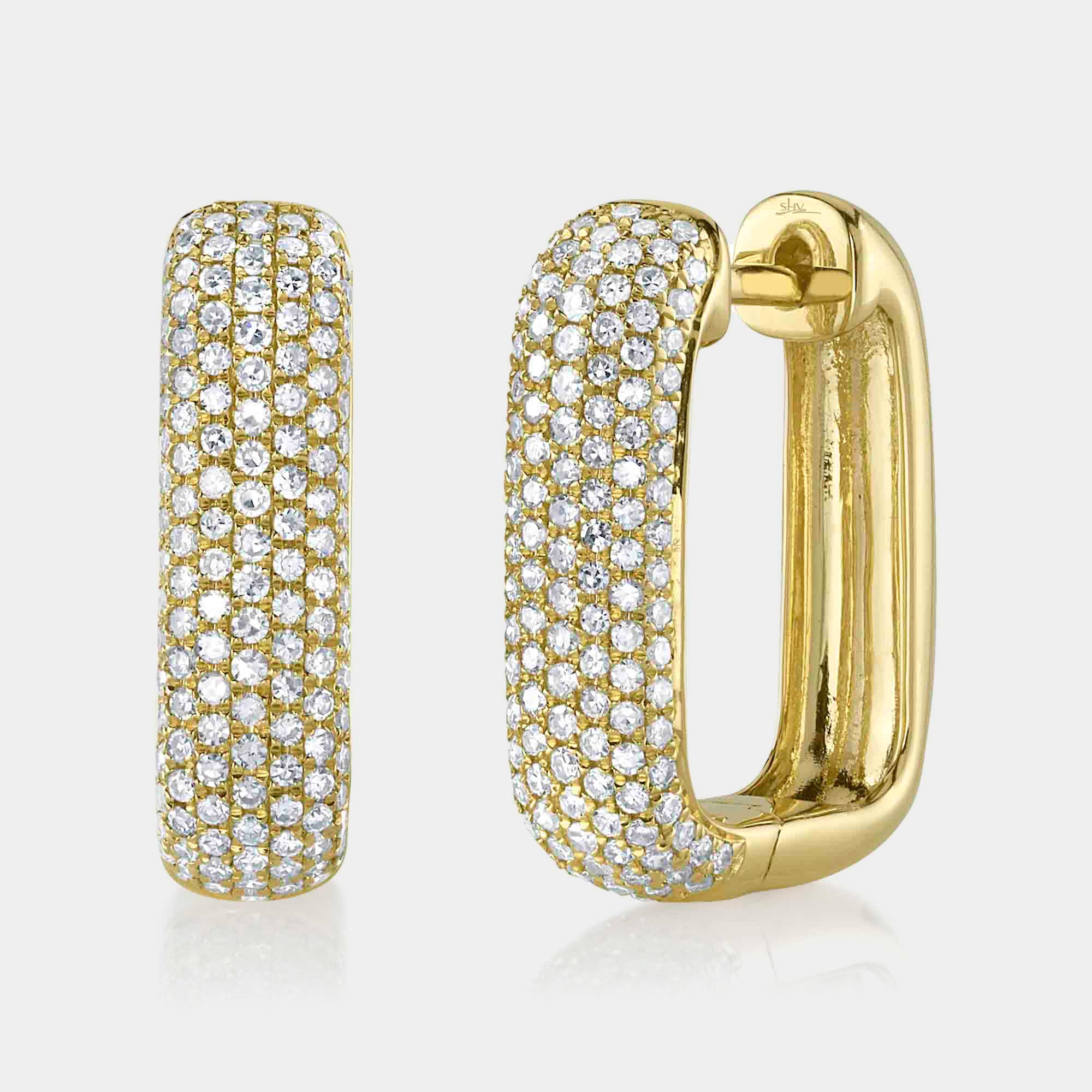 Yellow gold pave diamond rectangular hoop earrings, front angle view