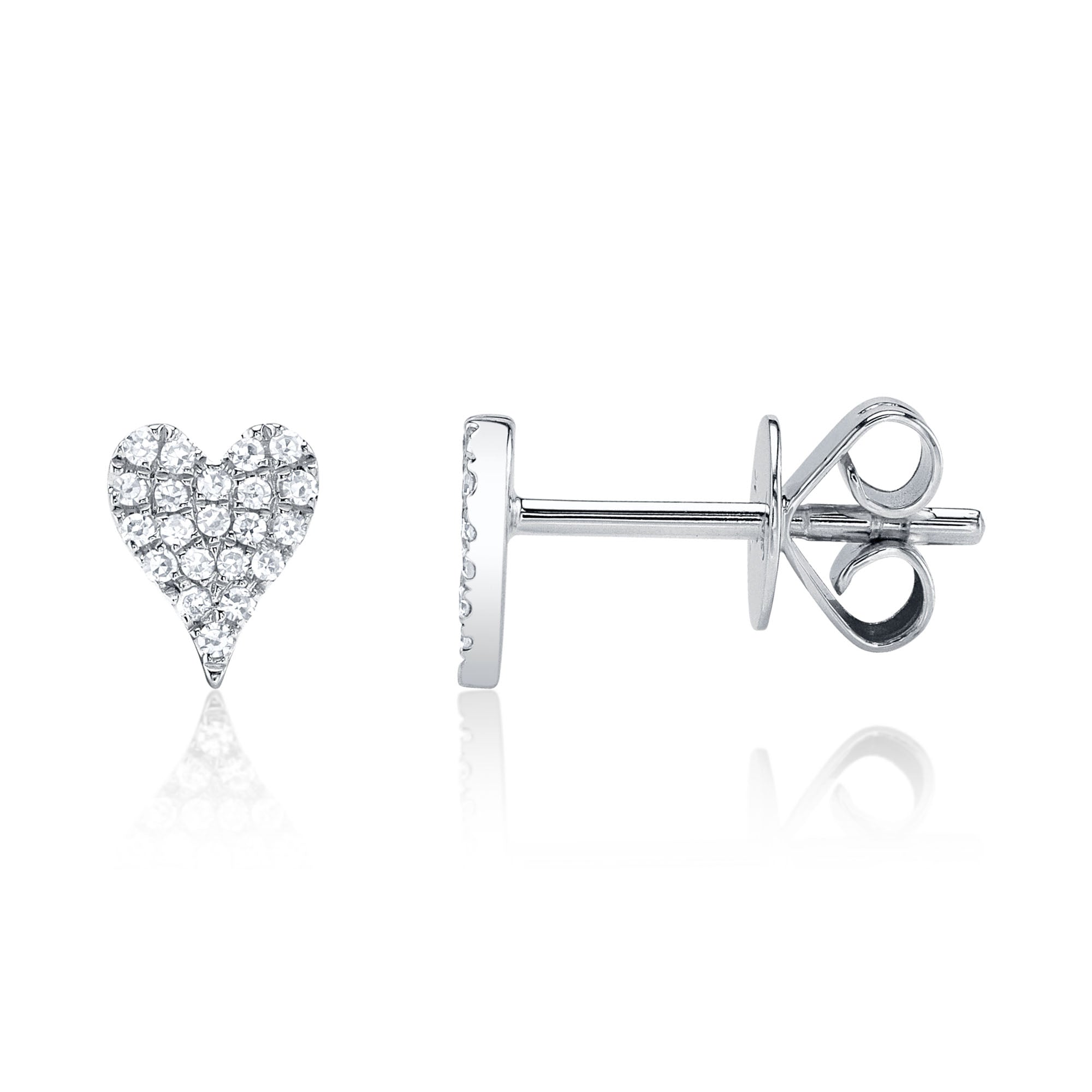 White gold pave heart diamond stud earrings side angle view