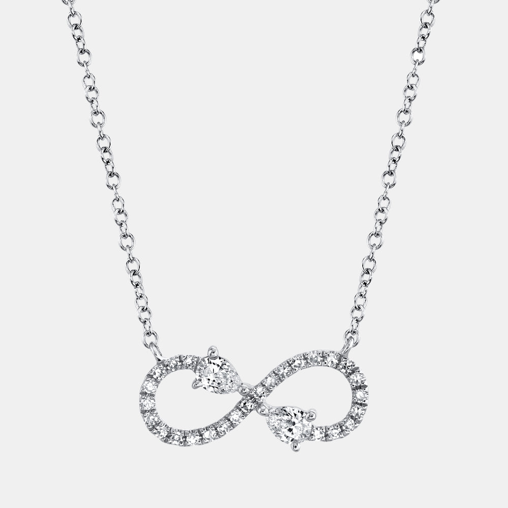 White Gold infinity pendant necklace with diamond accents, front view