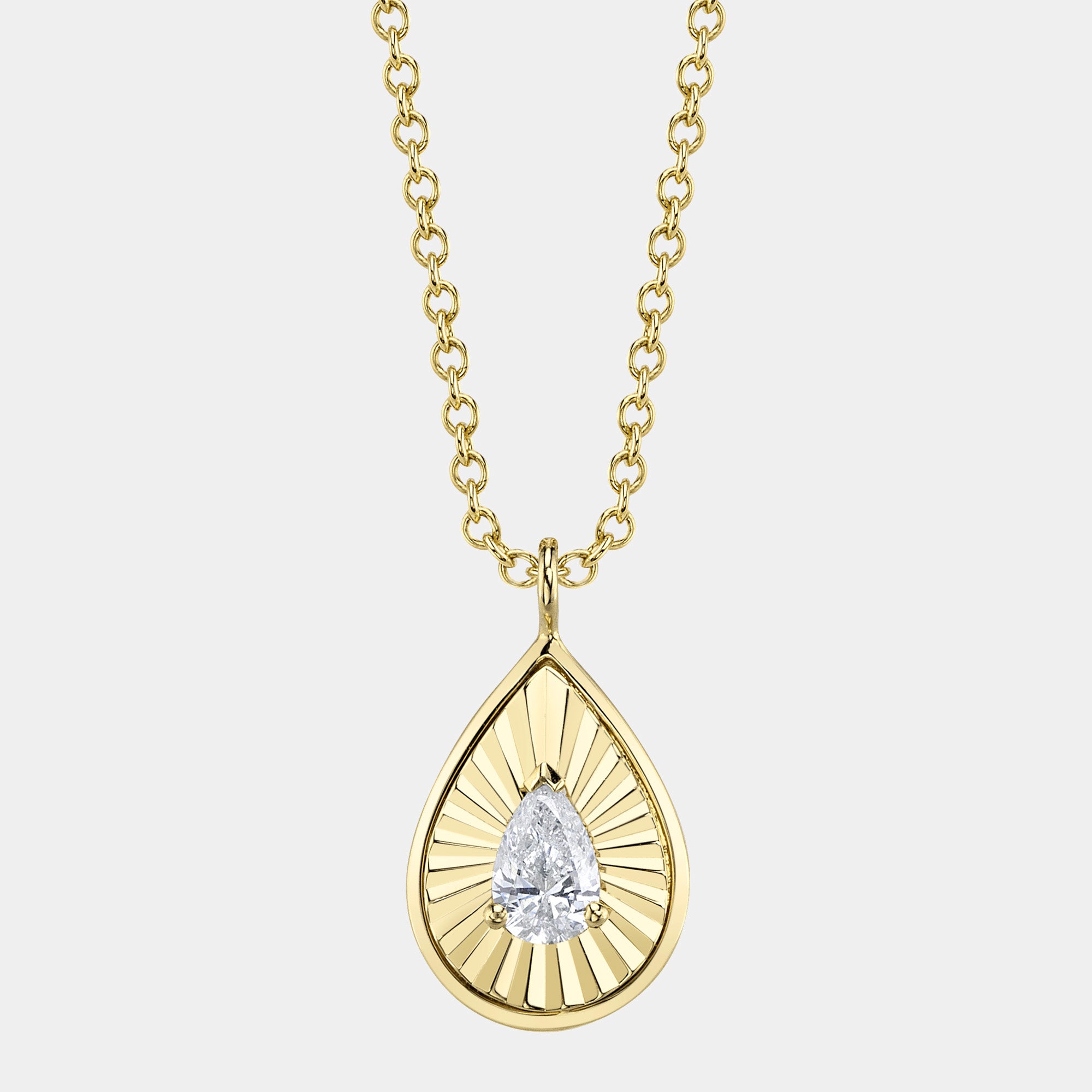 Yellow gold pear diamond pendant necklace, front view