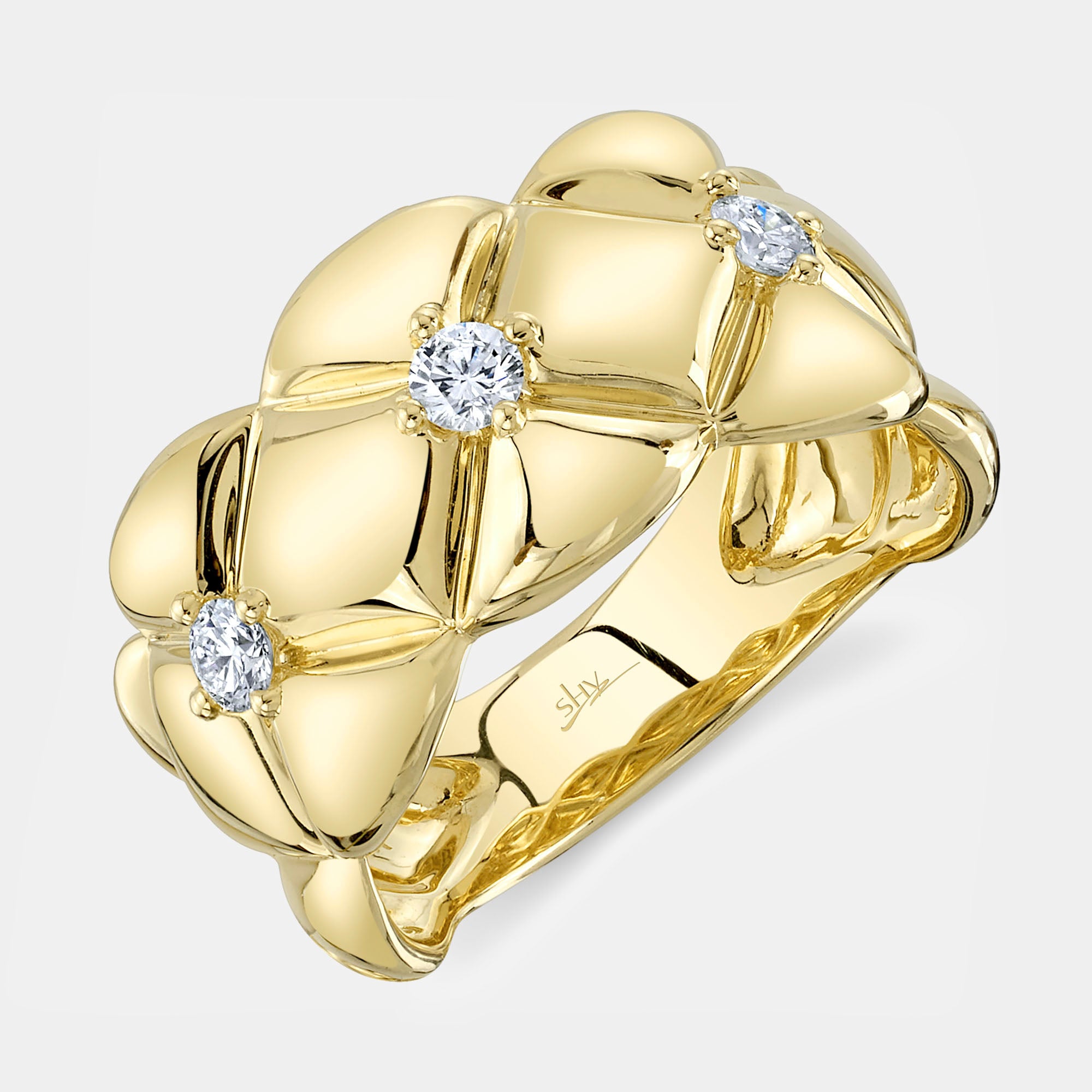 Yellow gold quilt design diamond fashion ring, top angle view