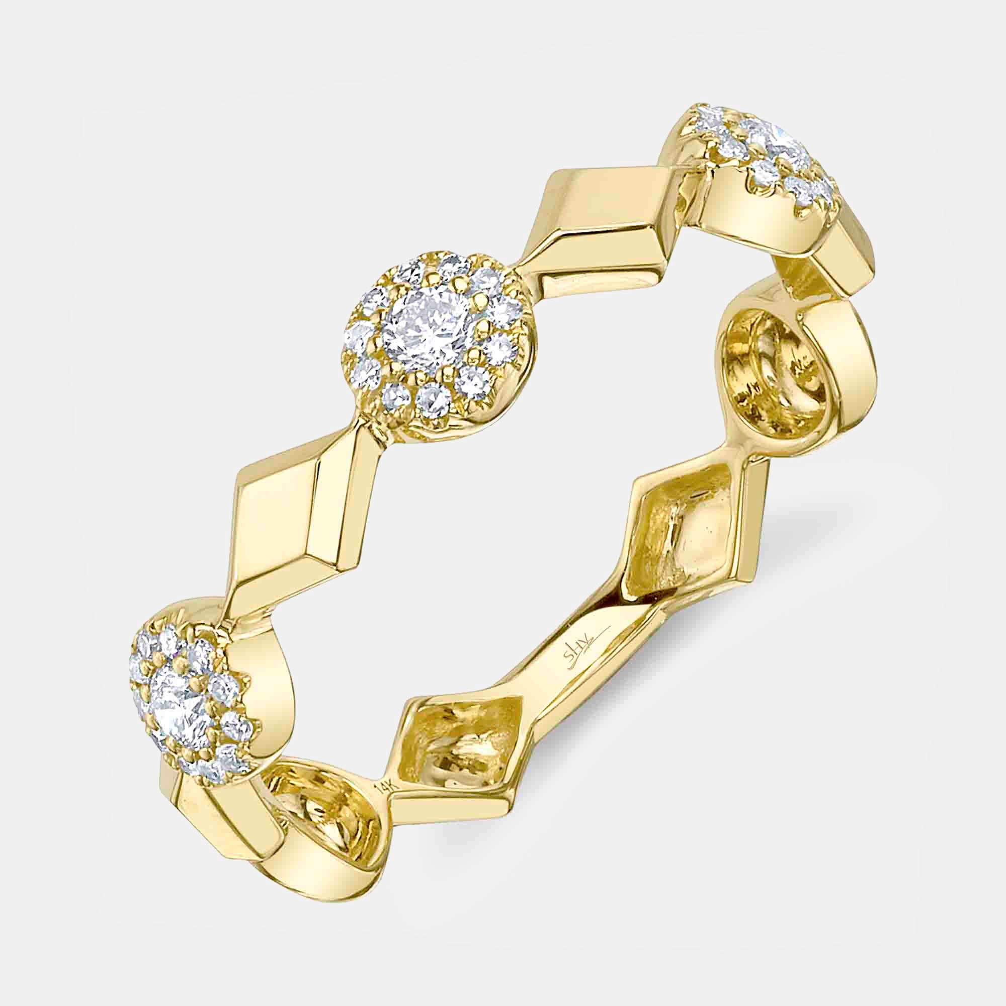 Yellow gold round geo cut diamond fashion ring, side angle view