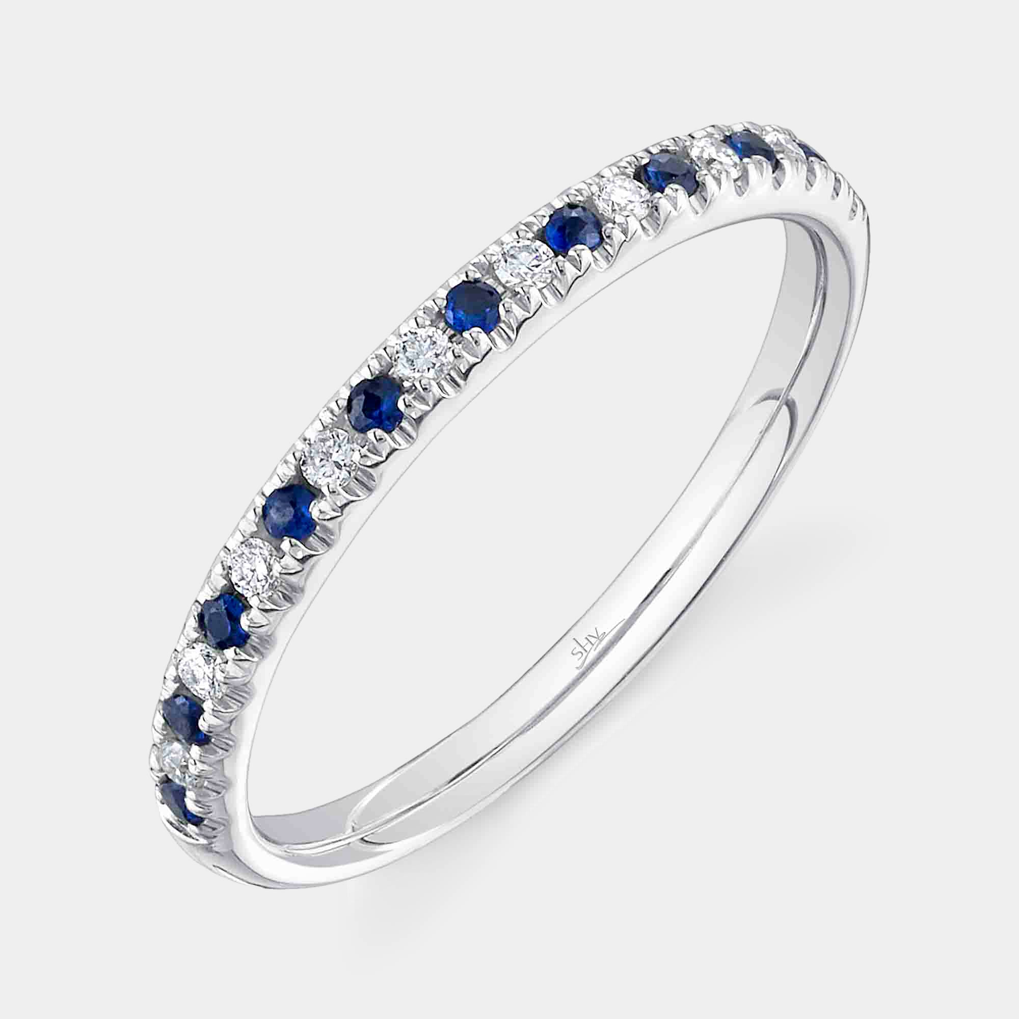 White gold diamond and sapphire fashion ring, front angle view