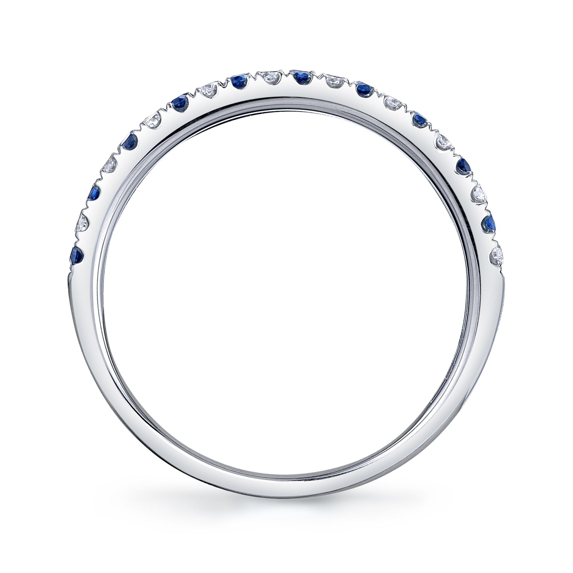 White gold diamond and sapphire fashion ring, side angle view