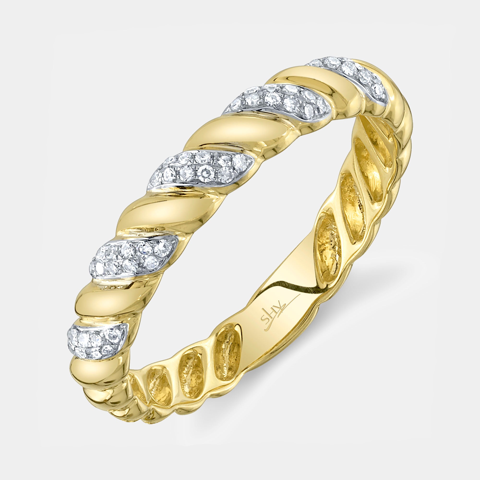 Yellow gold twist diamond fashion ring, top view