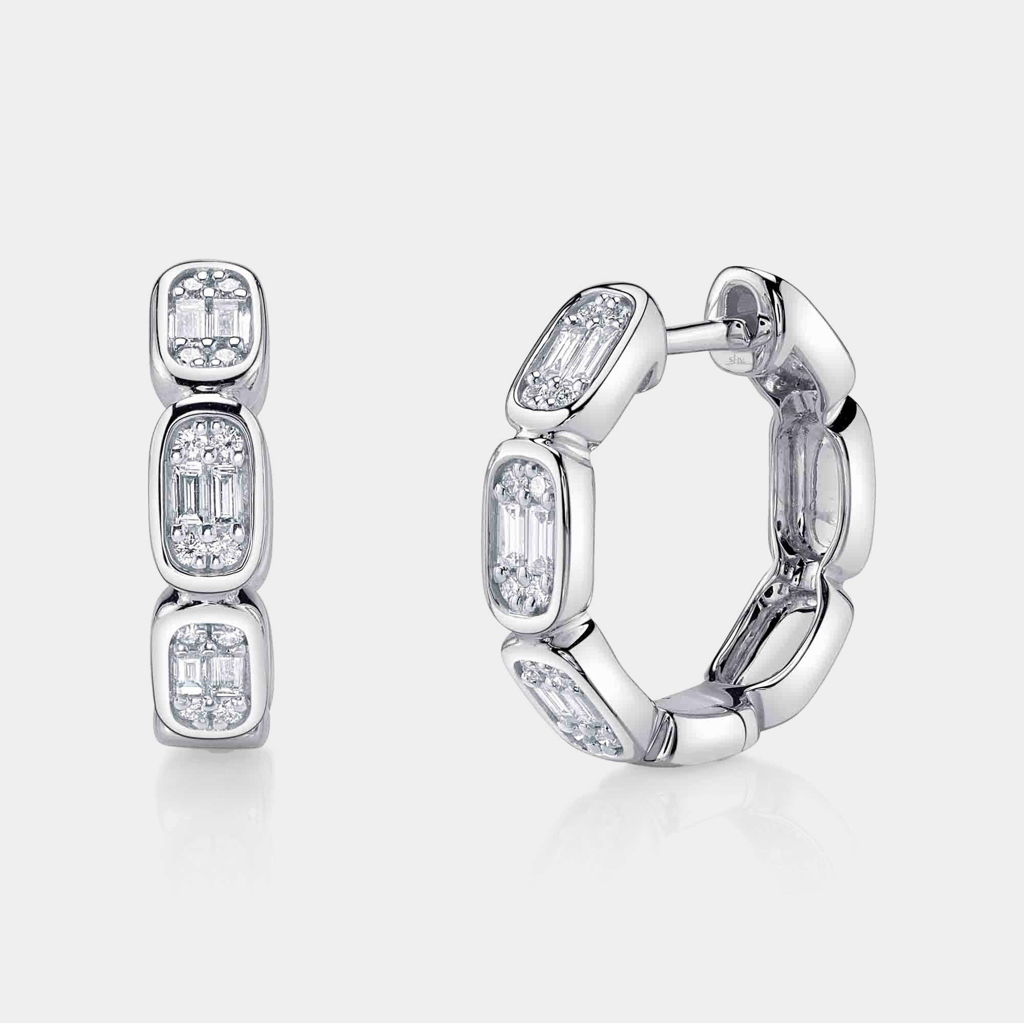 White gold baguette diamond octagon hoop earrings, front angle view