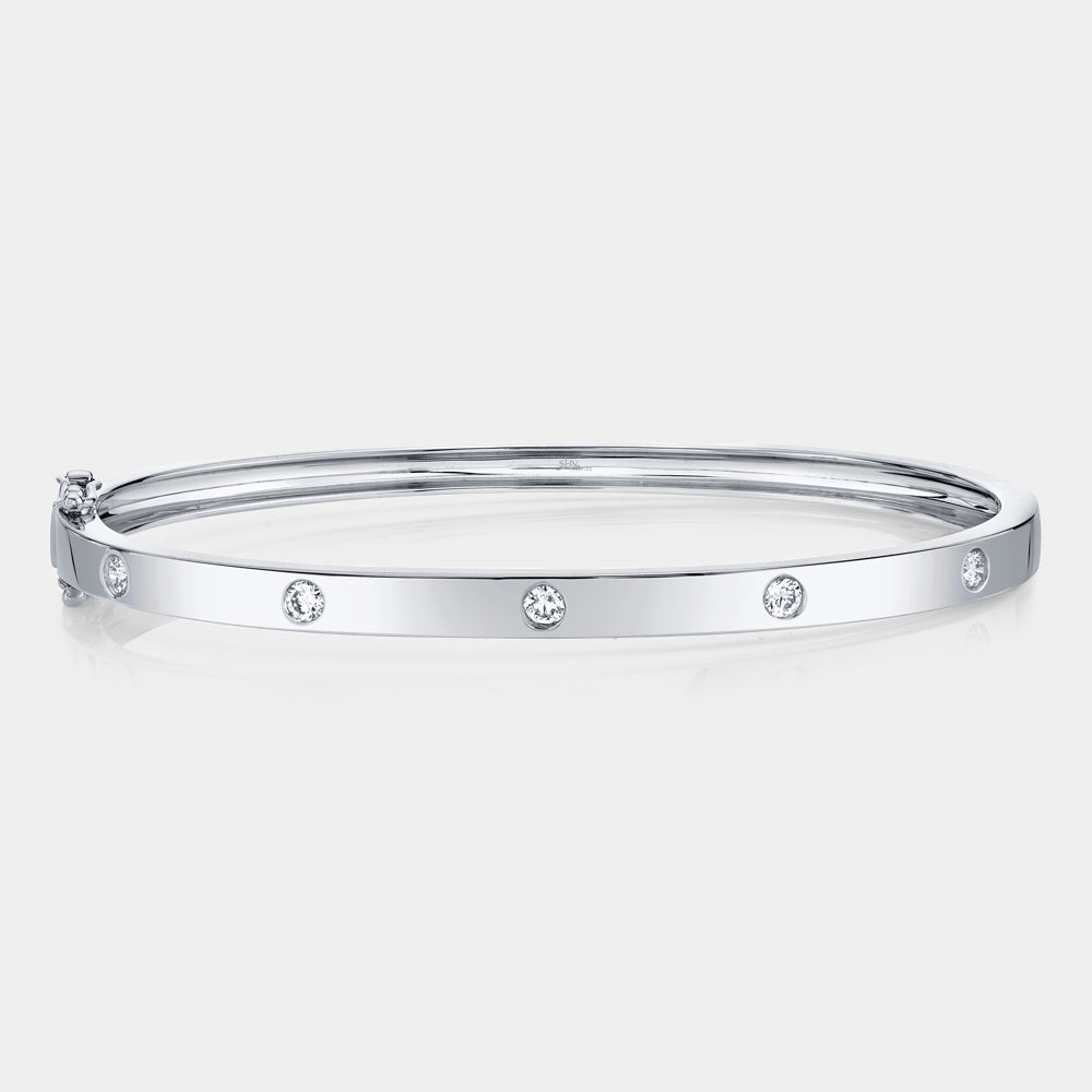 White gold bezel set diamond bangle bracelet, front view