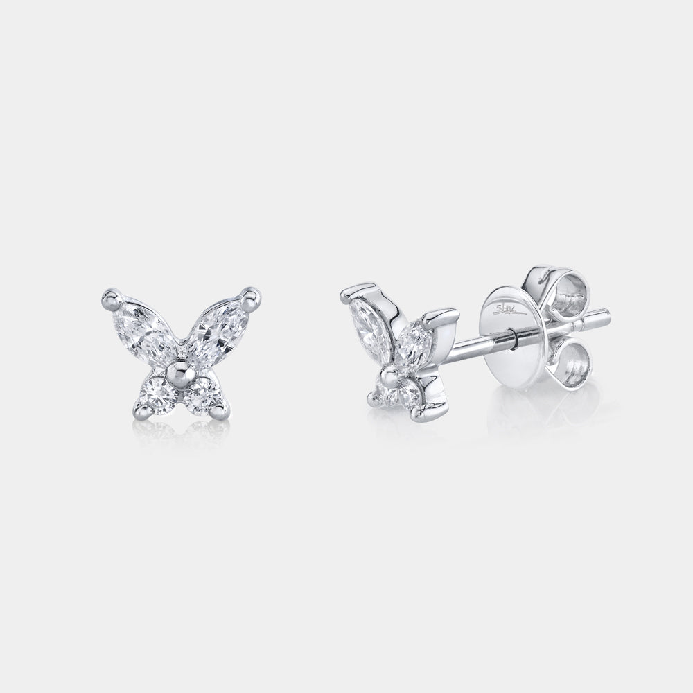 White gold marquise diamond butterfly stud earrings, front angle view
