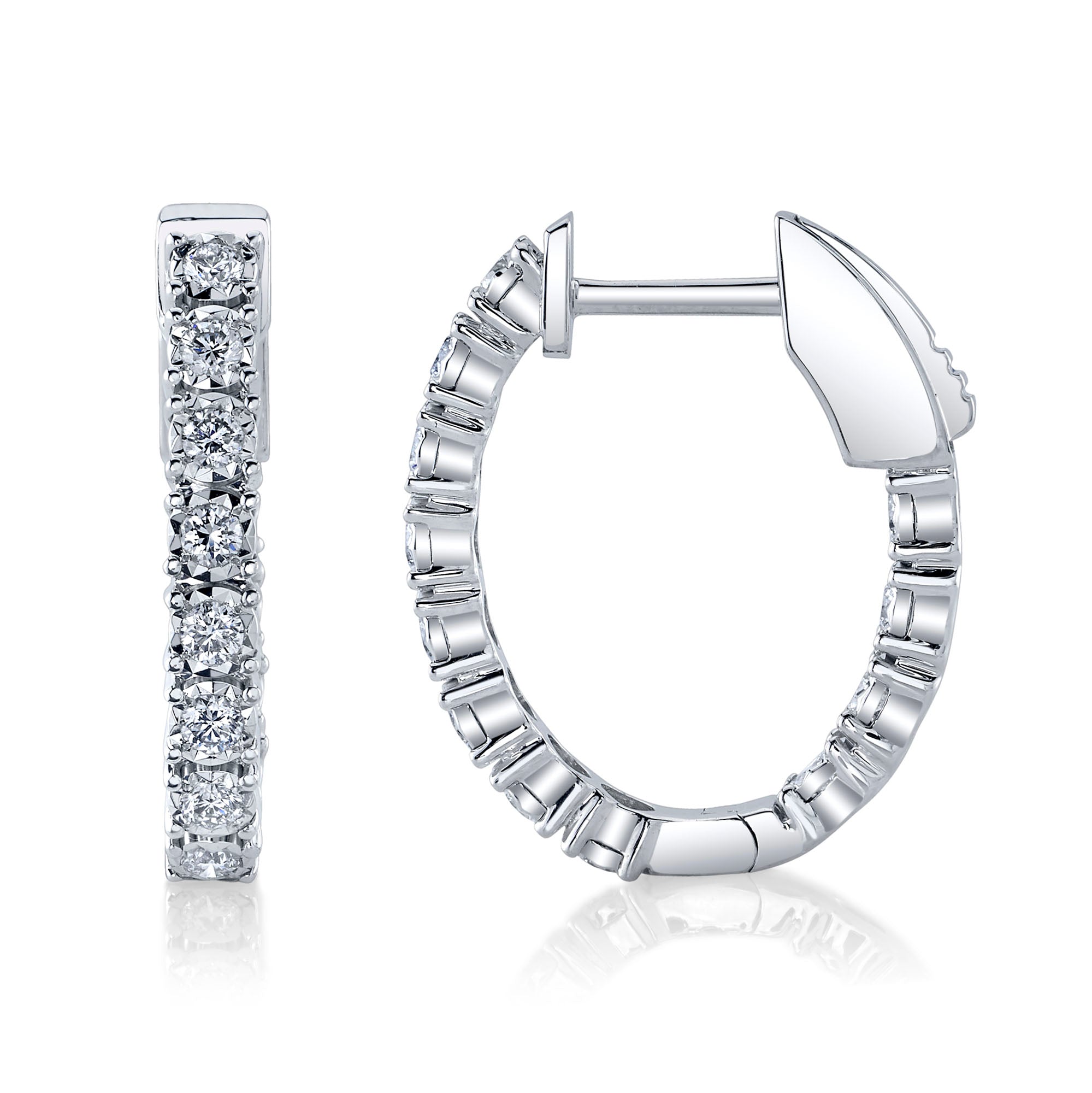 White gold diamond hoop earrings, side angle view