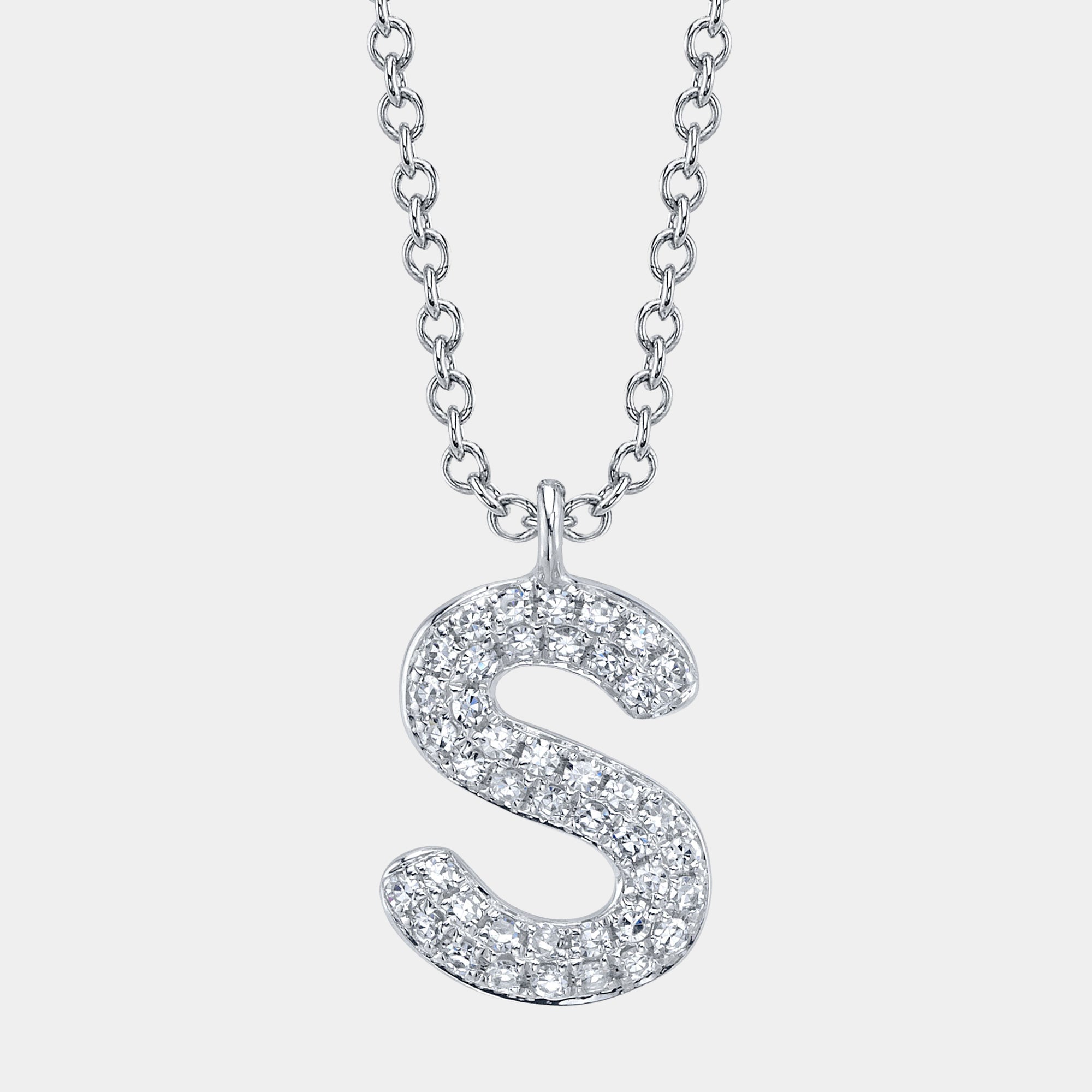 White gold diamond letter s initial pendant necklace, front view