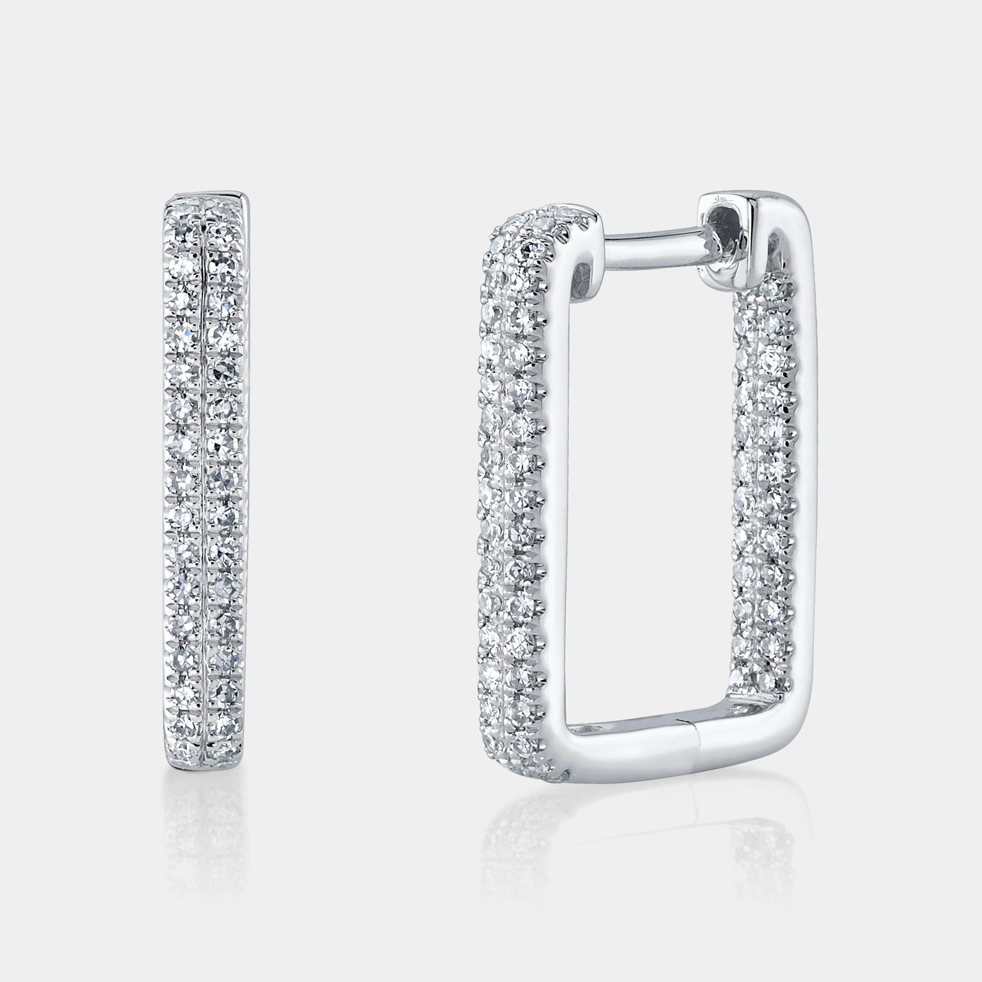 White gold rectangular diamond hoop earrings, front angle view