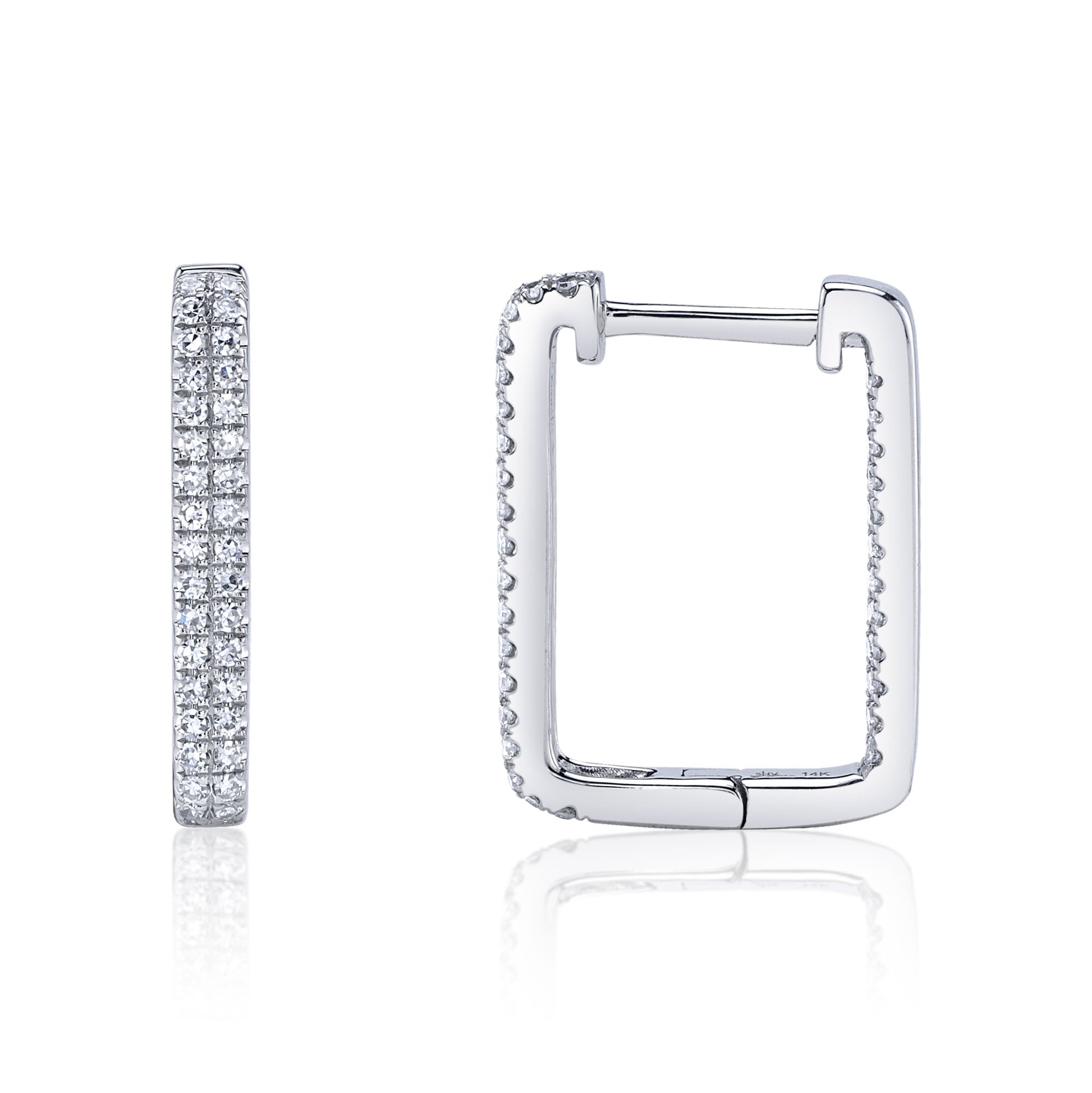 White gold rectangular diamond hoop earrings, side angle view