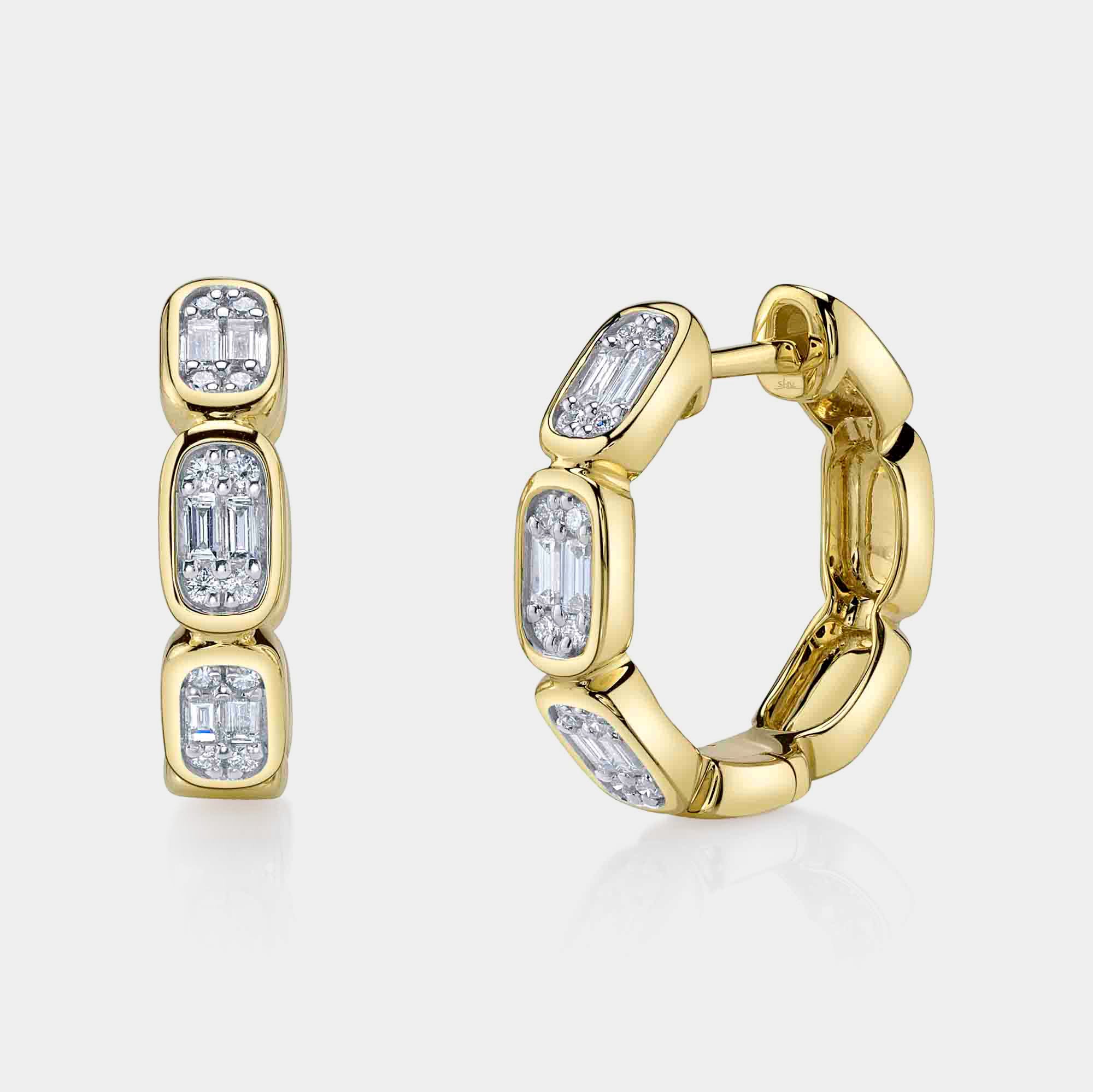 Yellow gold baguette diamond hoop earrings, front angle view