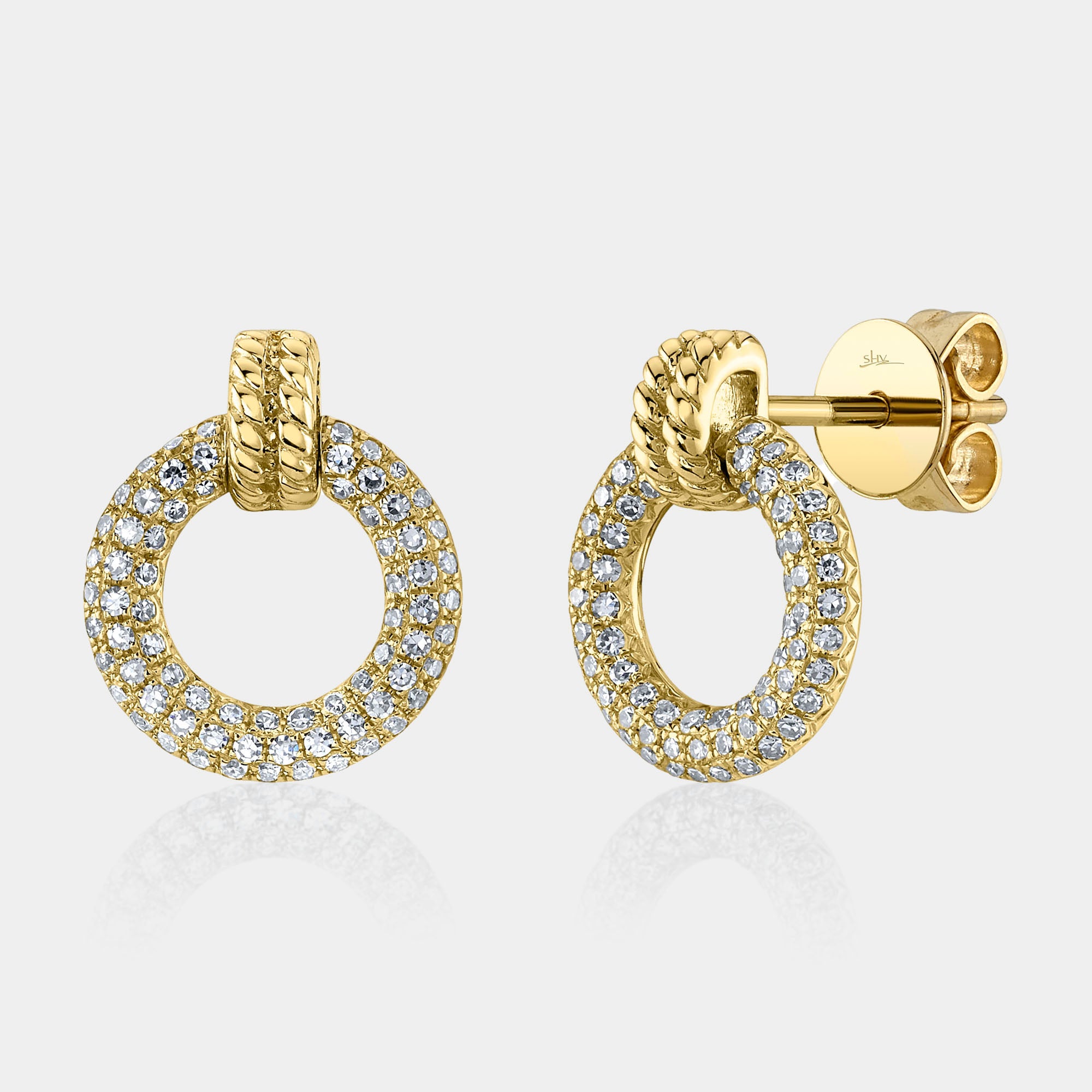 Yellow gold diamond circle stud earrings, front angle view