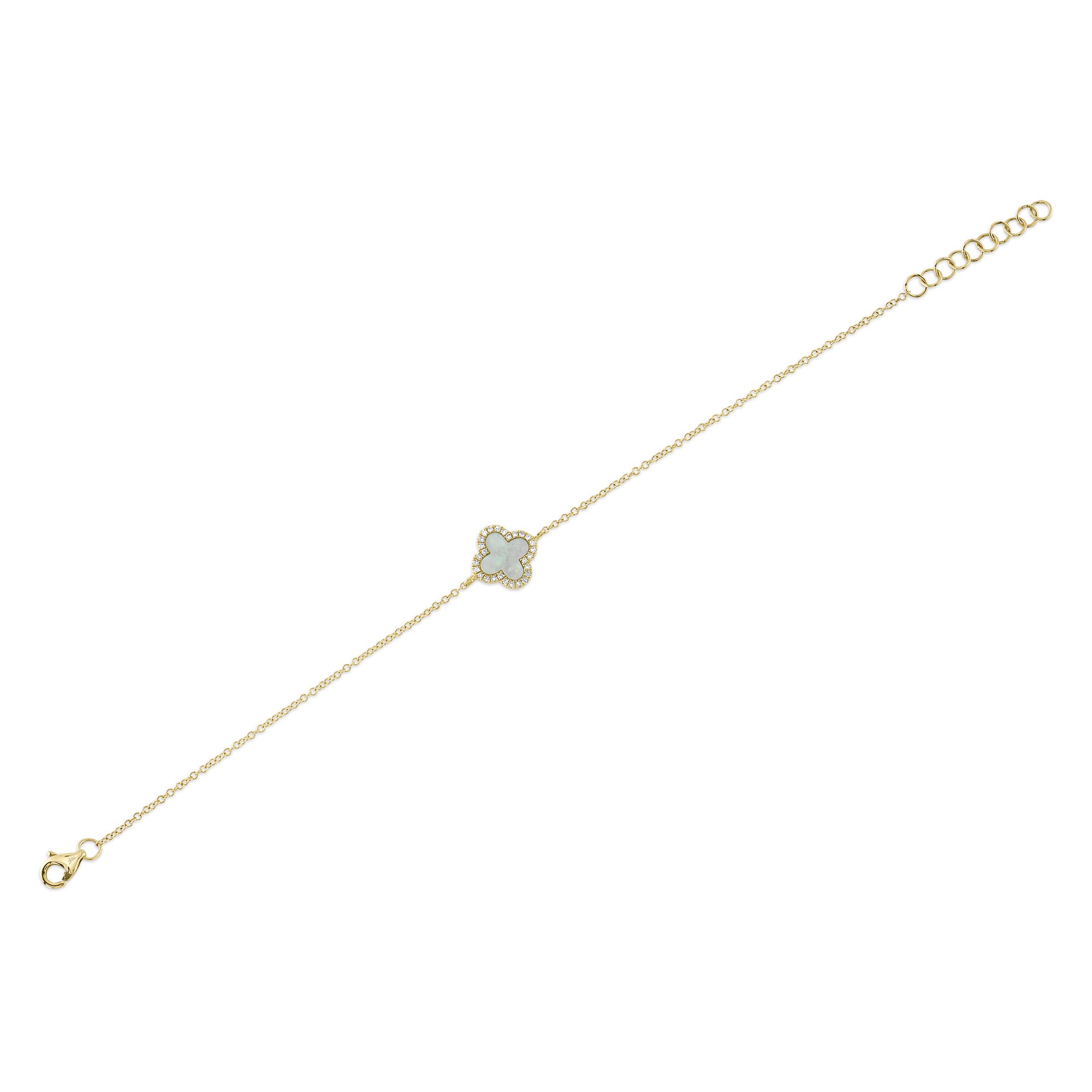 Yellow gold diamond clover pendant bracelet, flat lay