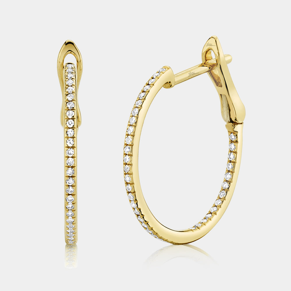 Yellow gold diamond hoop earrings, side angle view