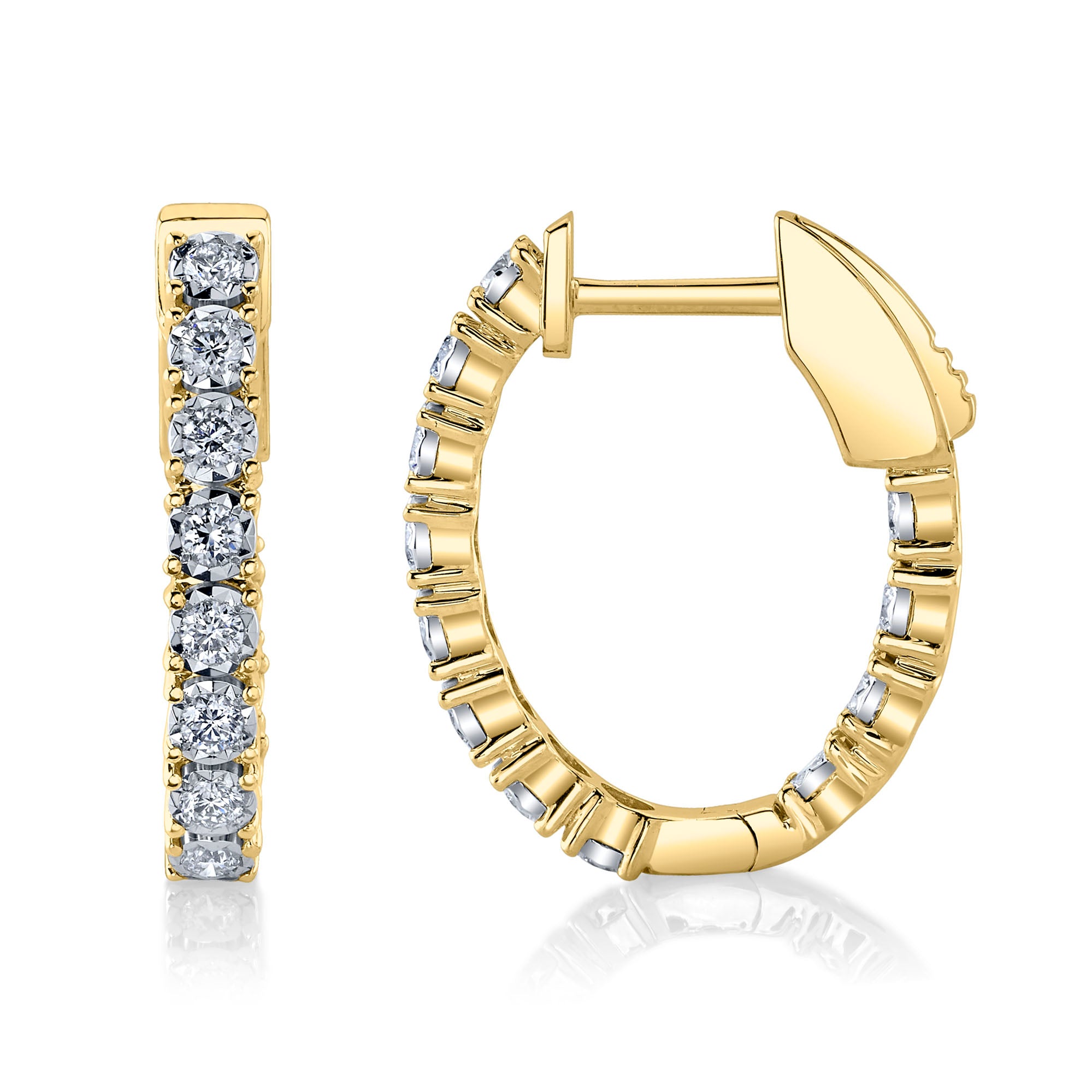 Yellow gold diamond hoop earrings, side angle view