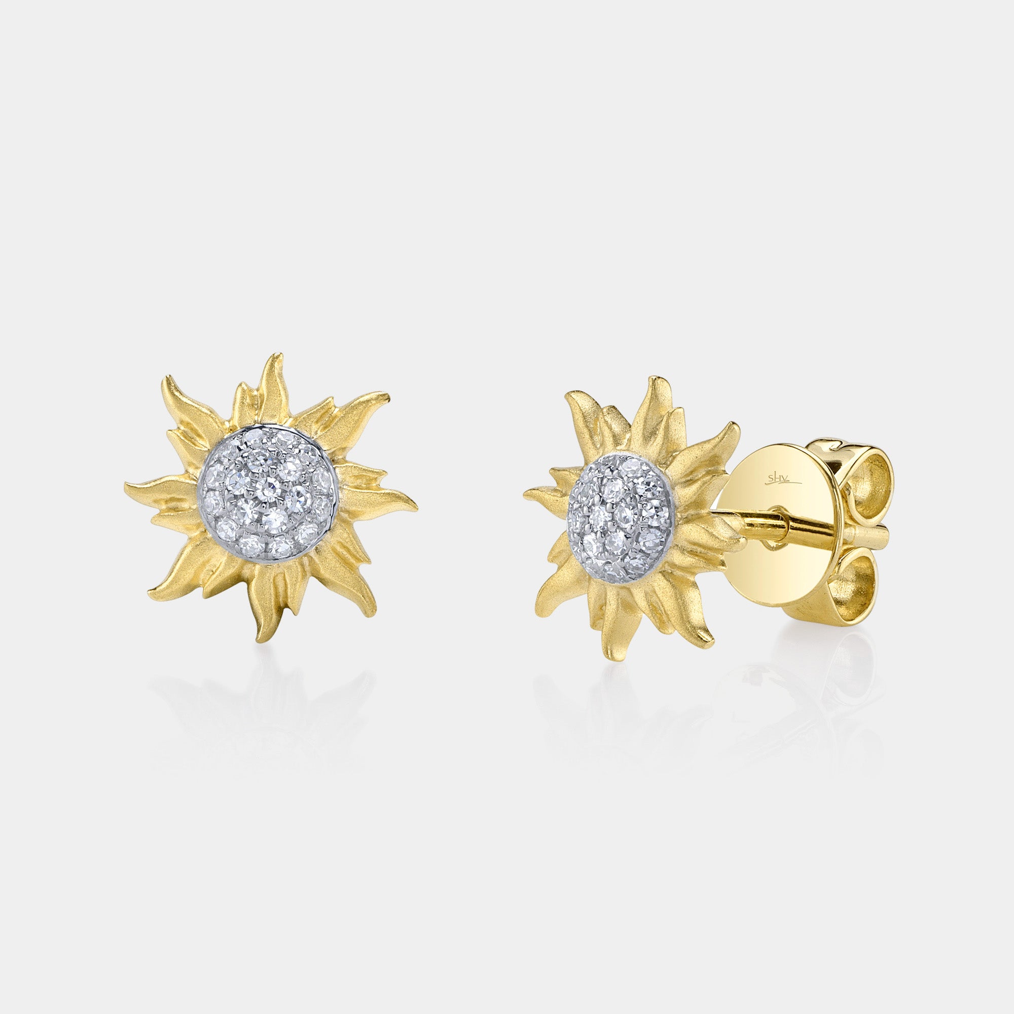 Yellow gold pave diamond sun stud earrings, front angle view