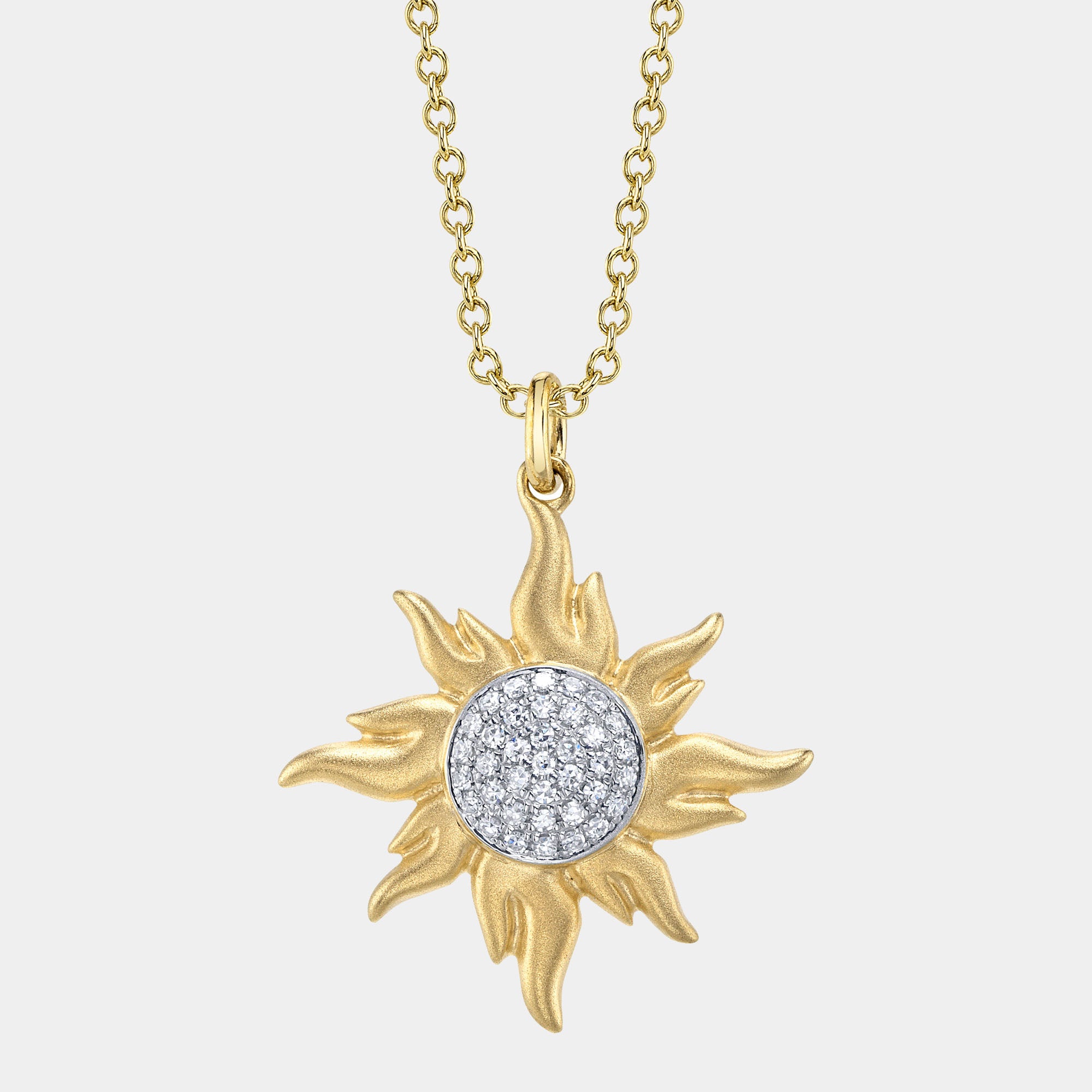 Yellow gold pave diamond sun pendant necklace, front view