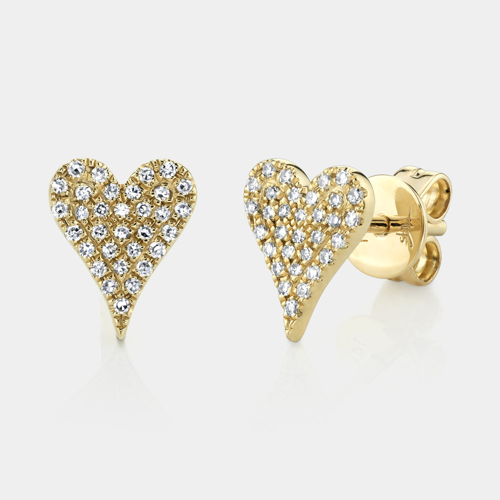 Yellow gold pave diamond stud earrings, front angle view