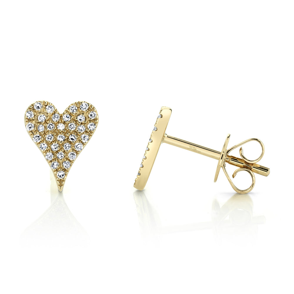 Yellow gold pave diamond stud earrings, side angle view