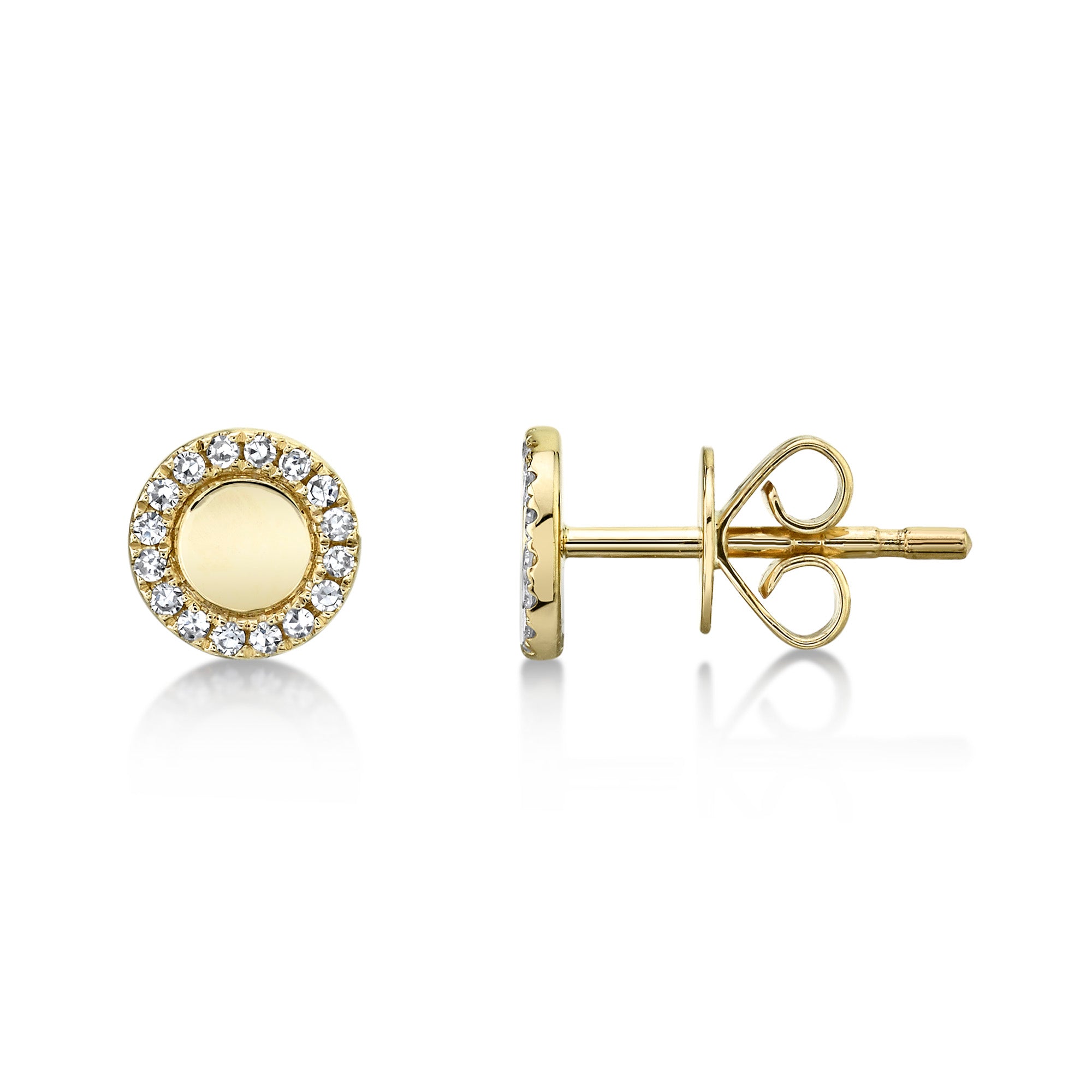 Yellow gold polished center with diamond halo stud earrings, side angle view