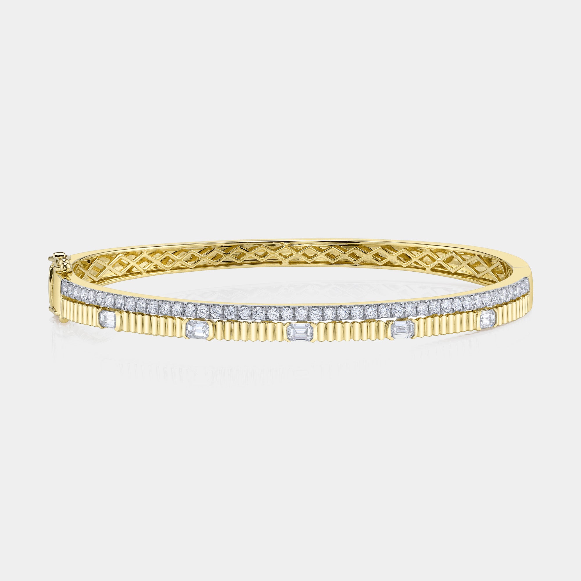 Yellow gold diamond ribbed bangle bracelet, front view