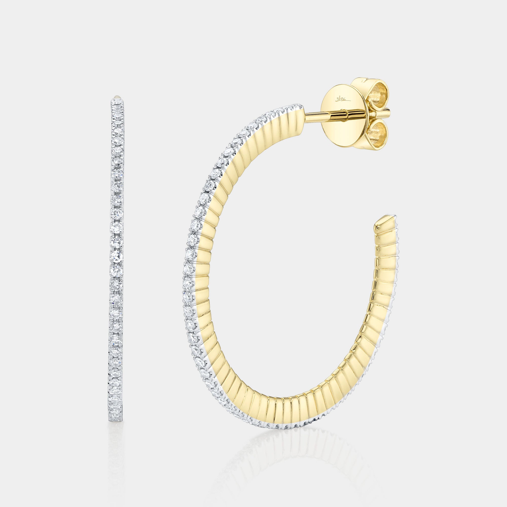 Yellow gold diamond hoop earrings, front angle view
