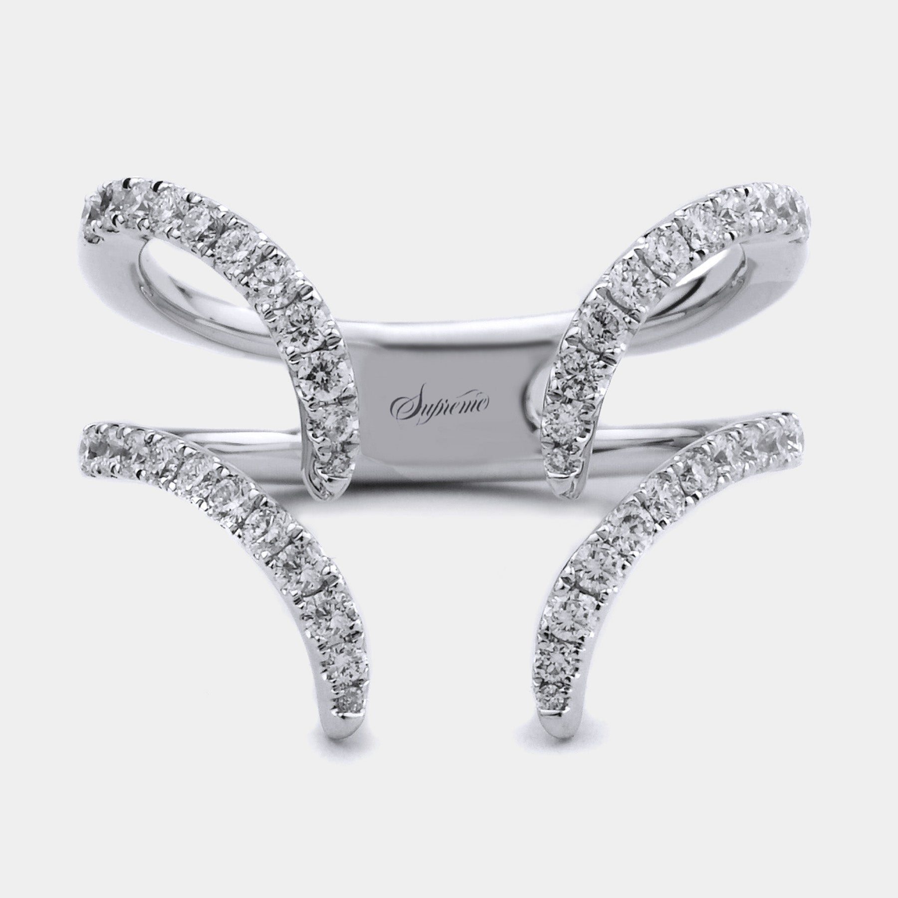 18K white gold open curve fashion ring with pavé-set round diamonds, shown on a grey background in a front angle view.