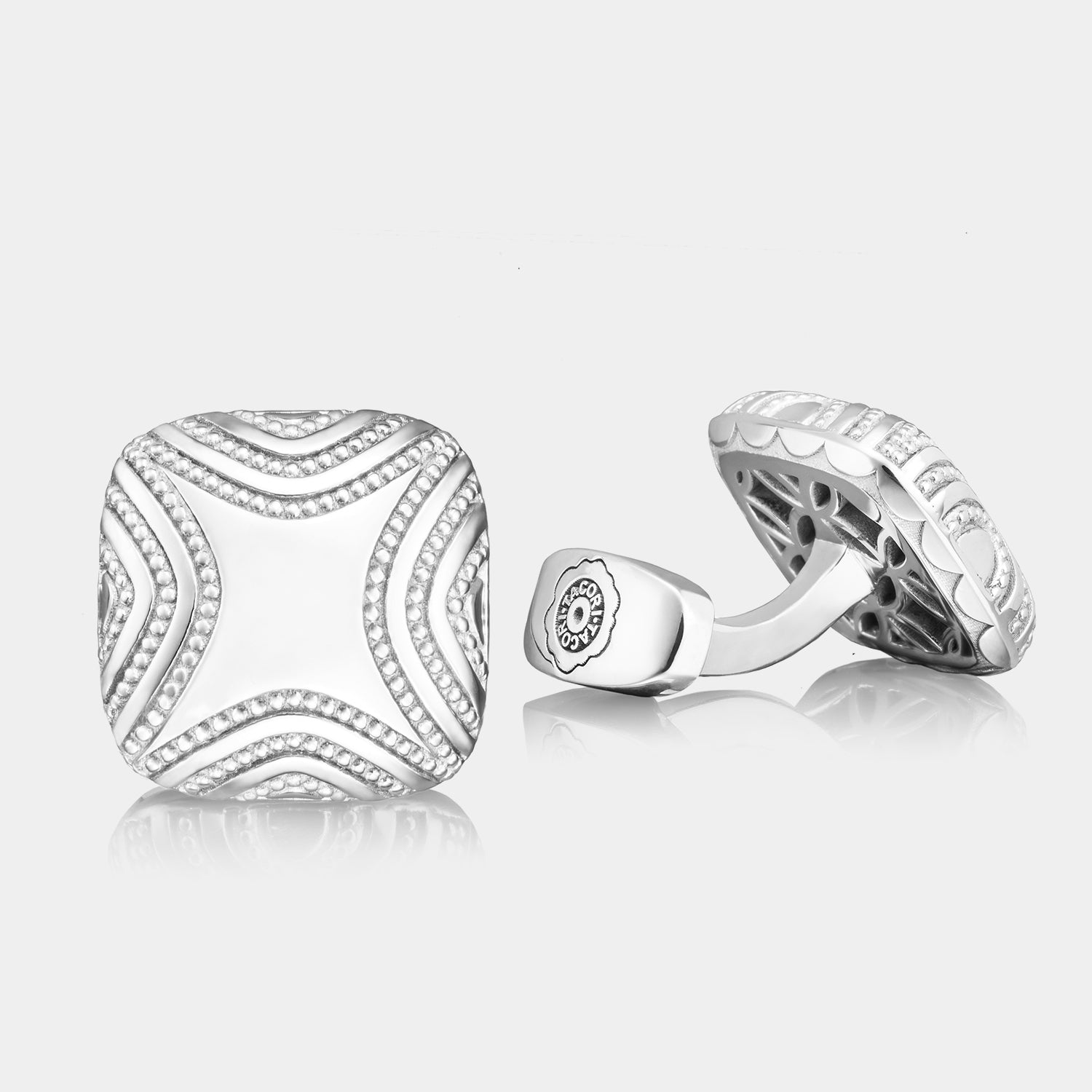 Sterling Silver Crescent Cufflinks on grey background.