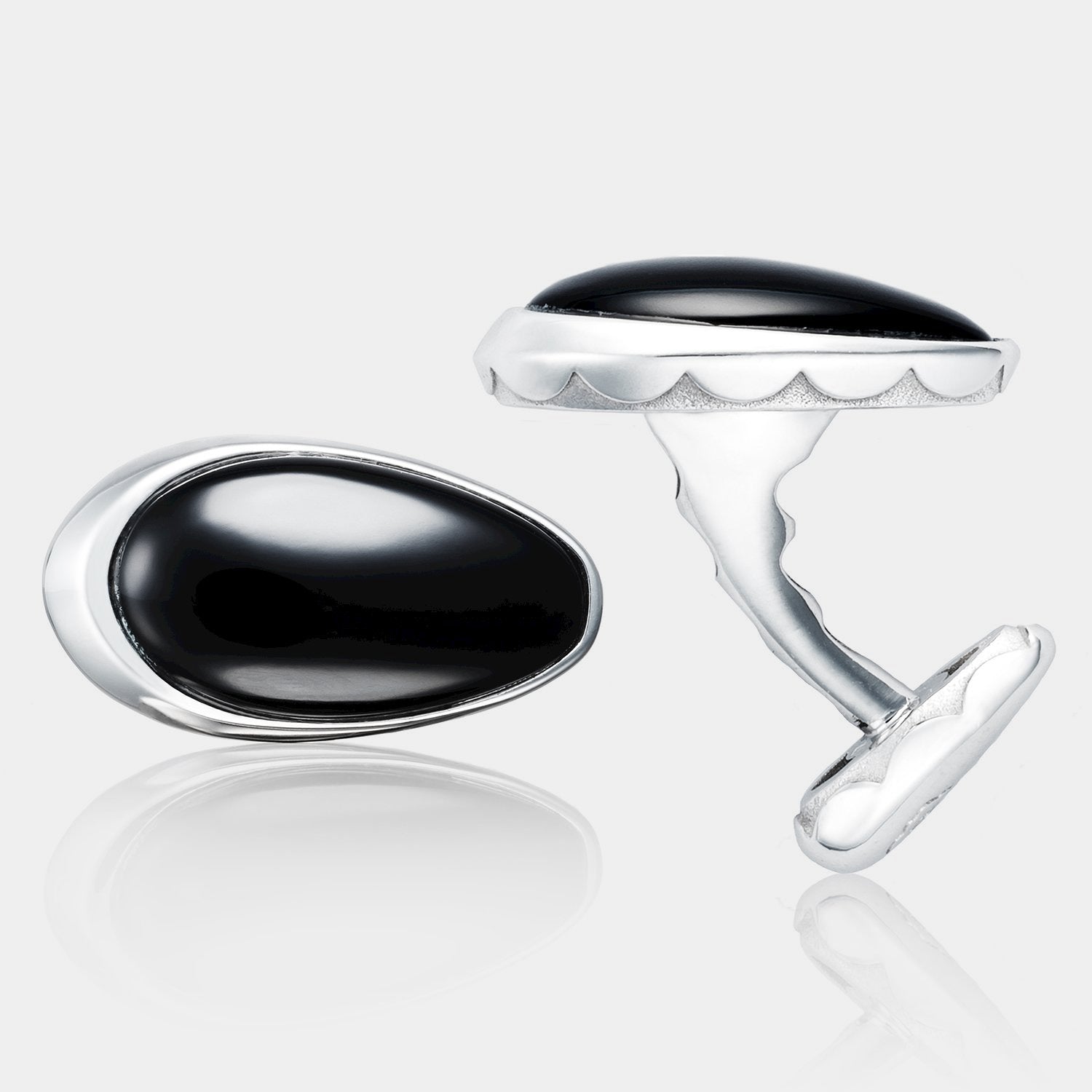 Sterling Silver Oval Black Onyx Cufflinks on grey background.