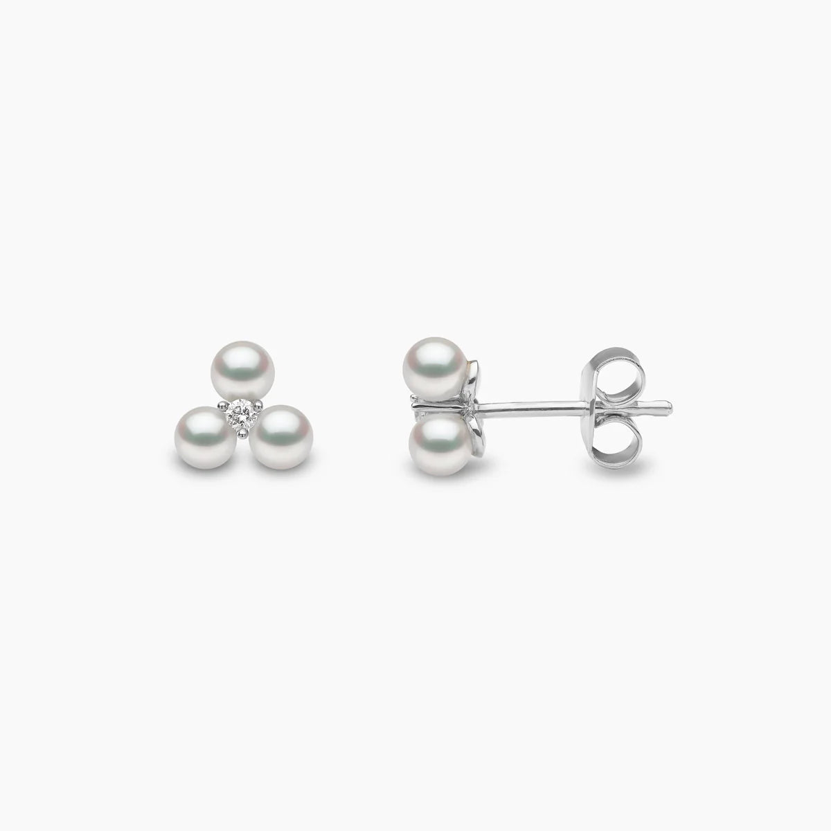 Triple pearl diamond stud earrings, front and side view