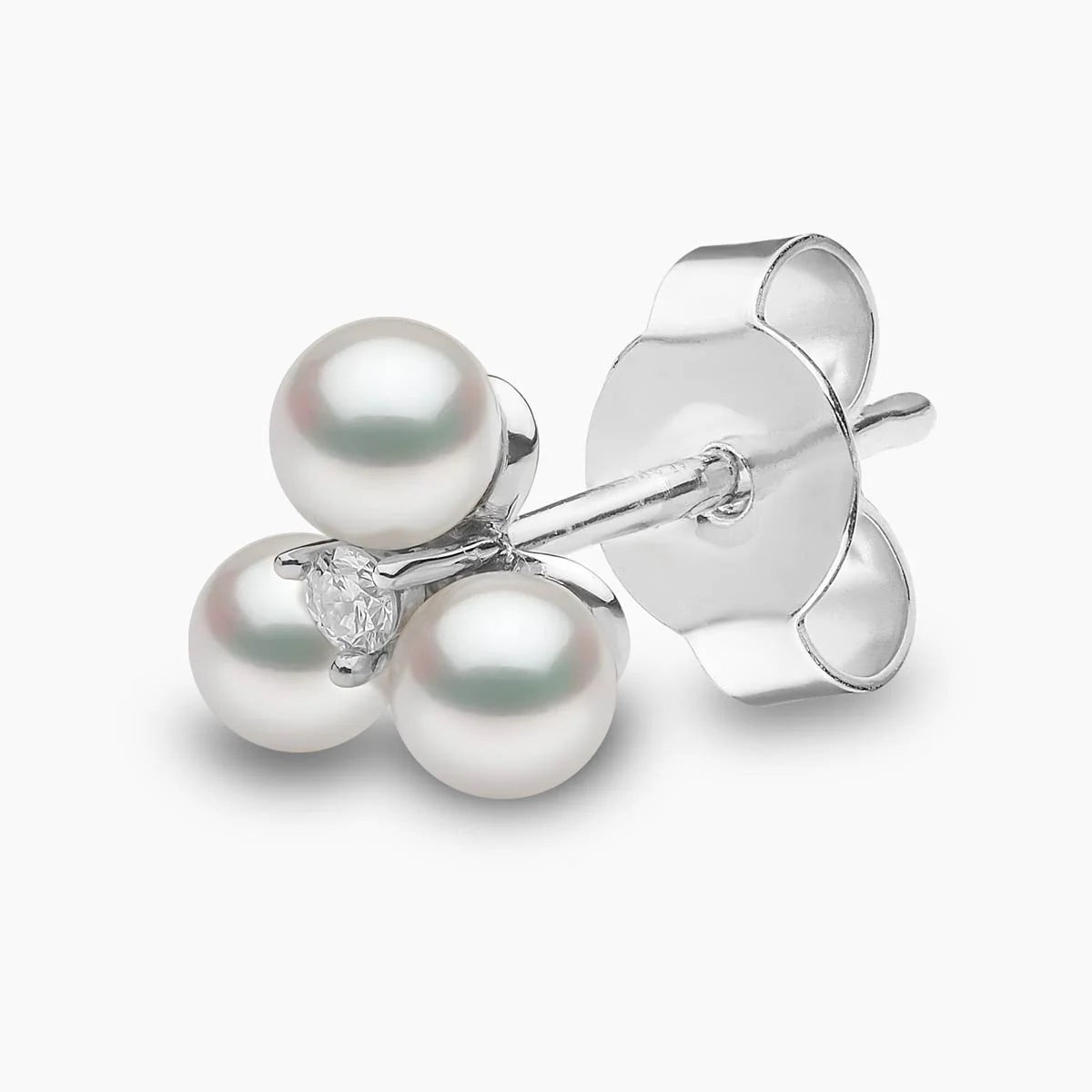 Triple pearl diamond stud earring, front angle view