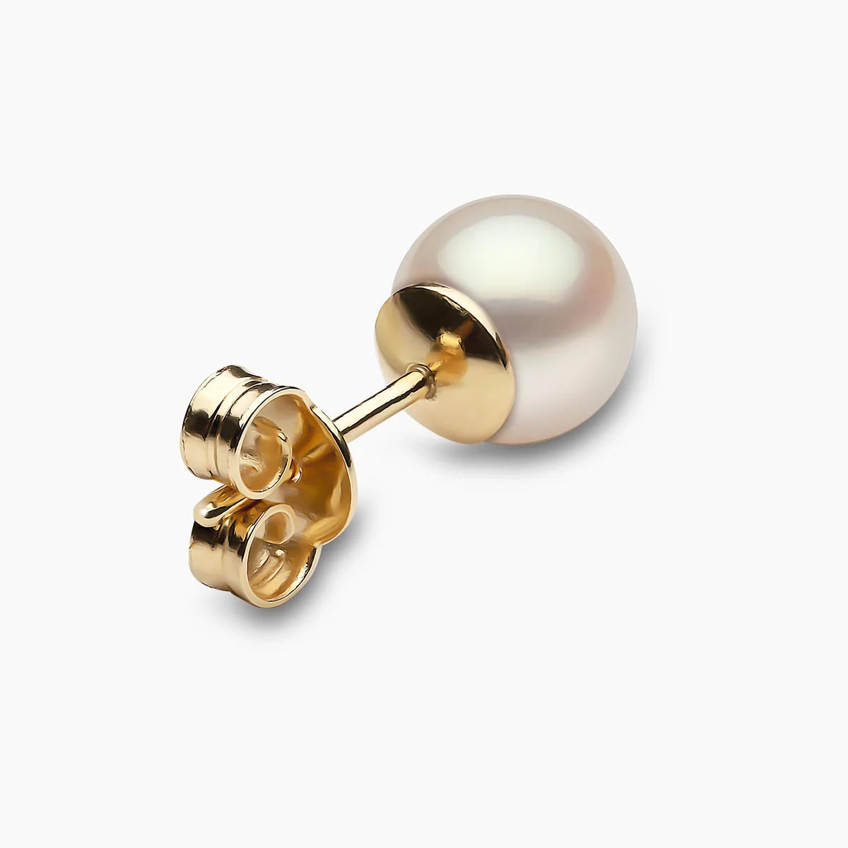 Single yellow gold pearl stud earrings, rear angle view