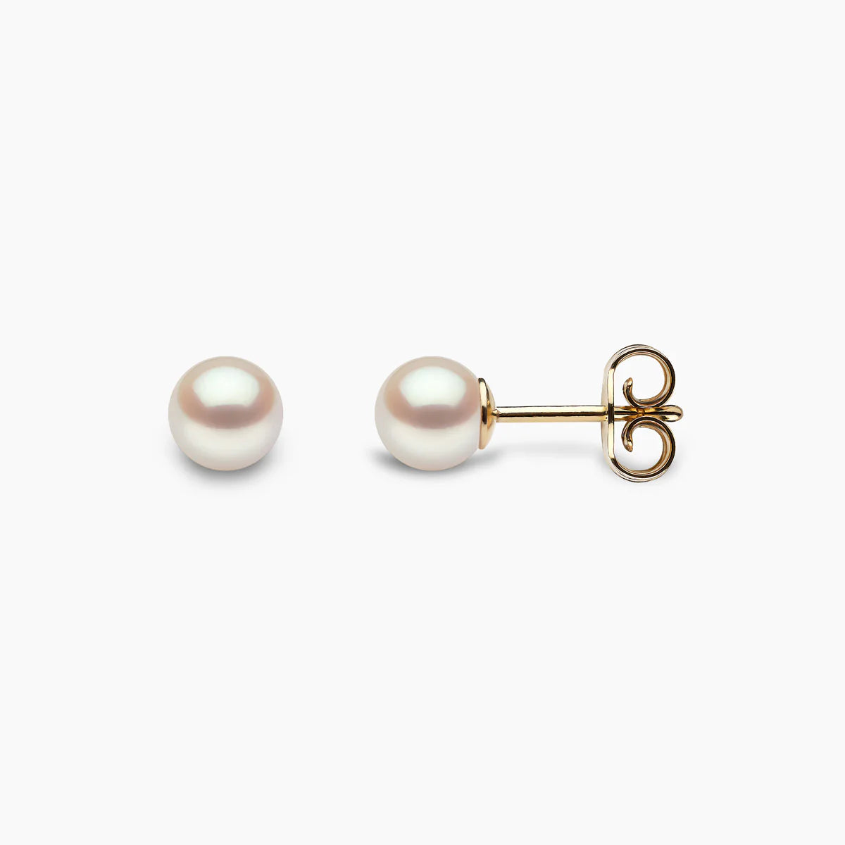 Classic yellow gold pearl stud earrings, front and side angle view