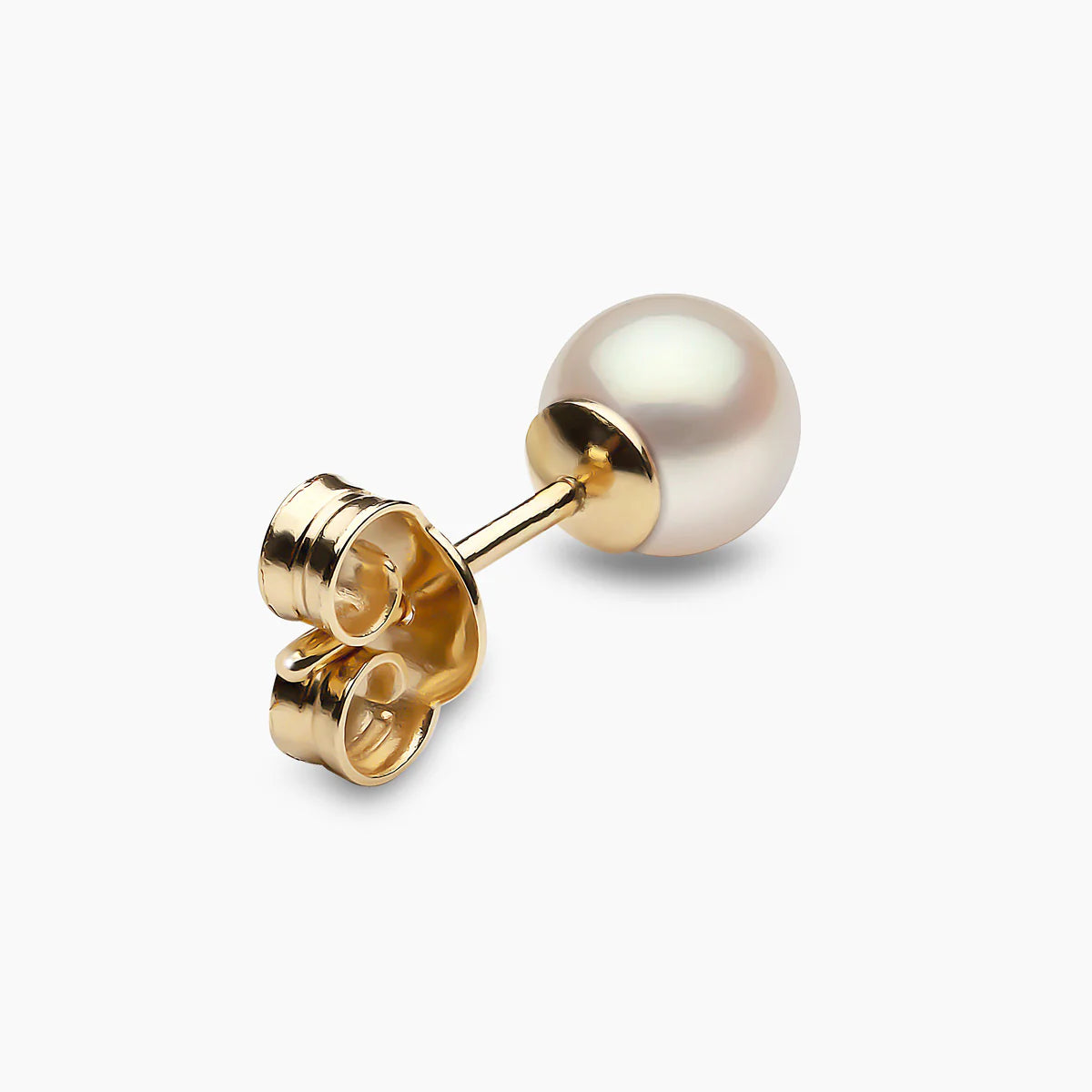 Single classic pearl stud earrings in yellow gold, rear angle view