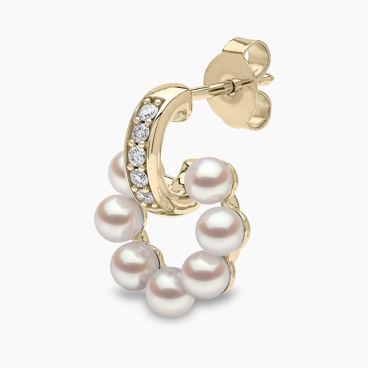 Yellow gold pearl and diamond stud earring on grey background, front angle view