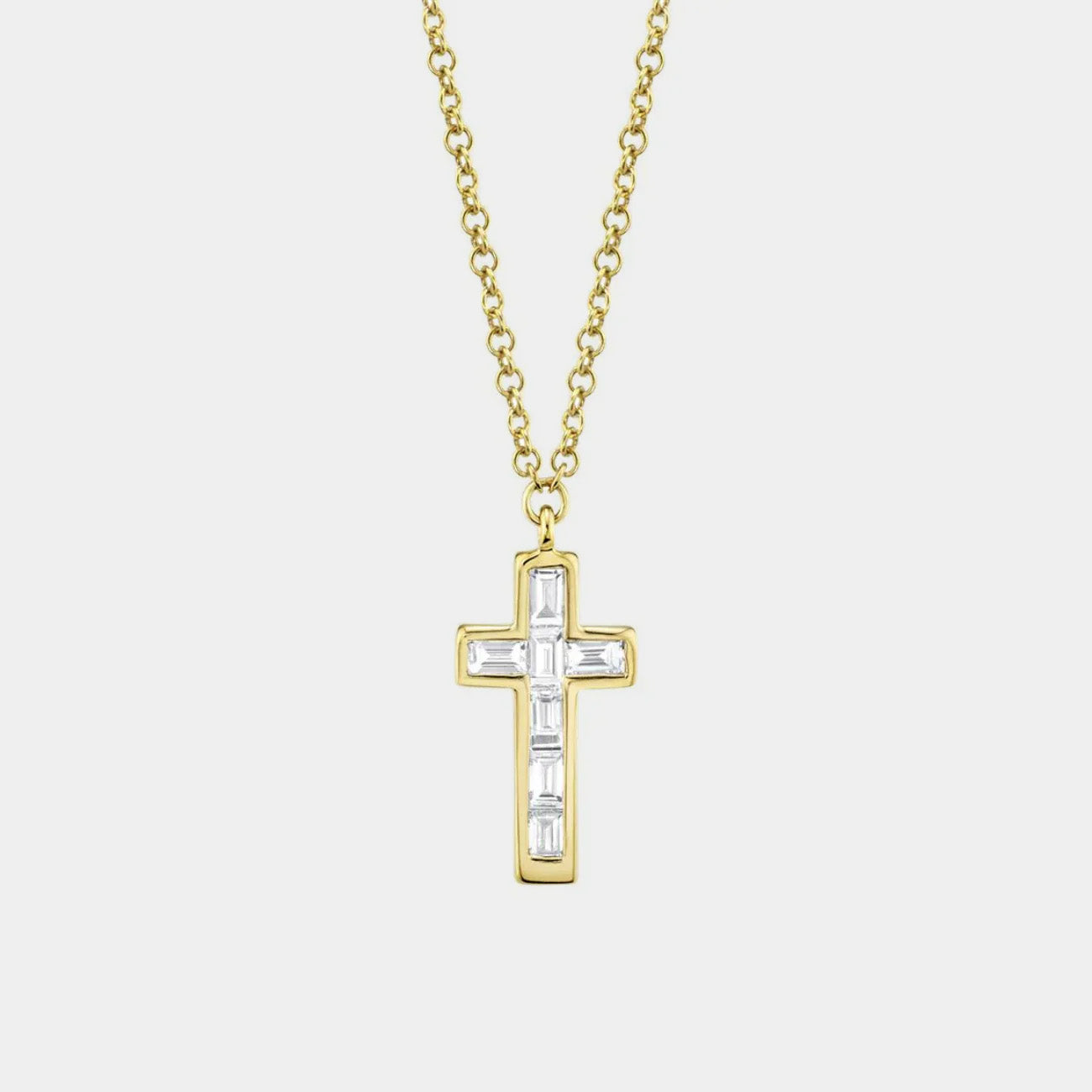 Diamond Baguette Cross Yellow Gold Necklace
