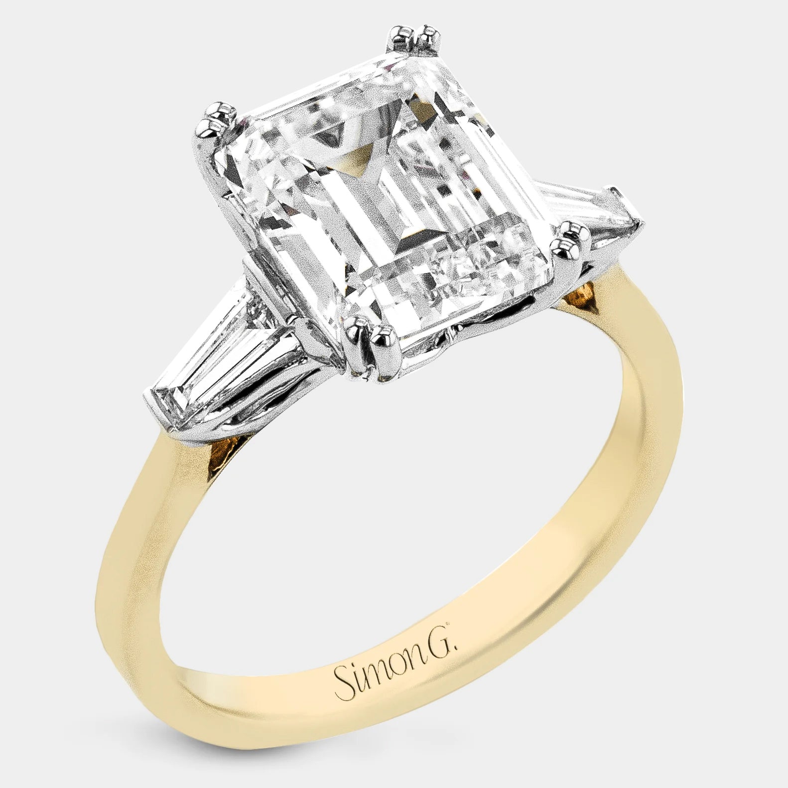 Emerald Three Stone 18k White and Yellow Gold Engagement Ring - LR4015