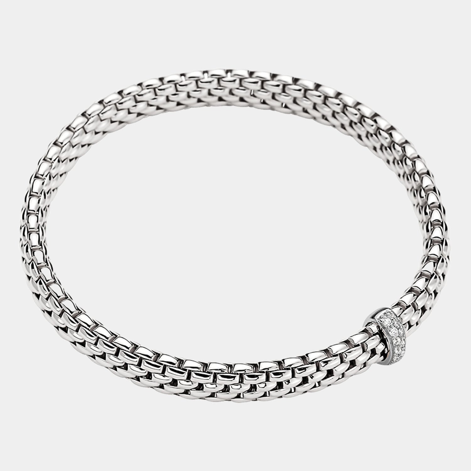 White gold flex bracelet with diamond charm, top down view