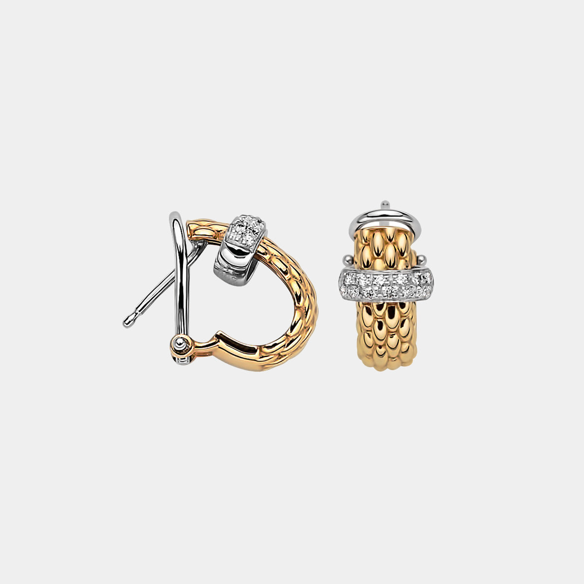 18K Yellow and white gold diamond huggie earrings, front and side profile view