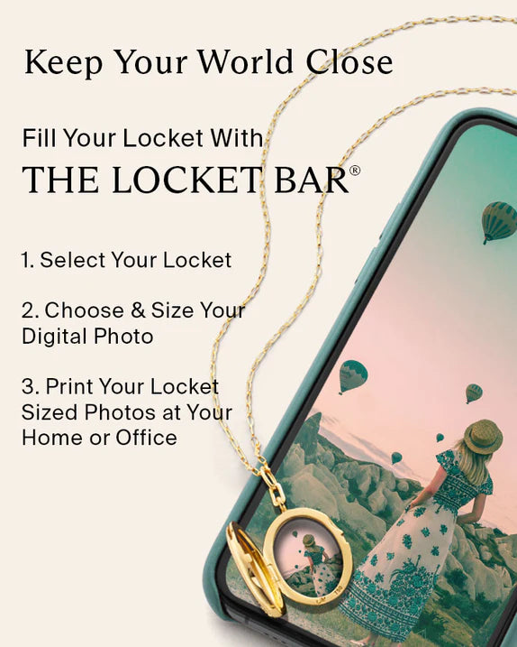 Gold locket with a phone case featuring a digital photo of a woman on a mountain.