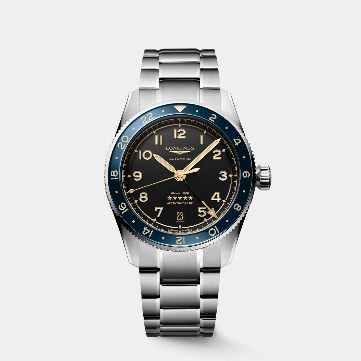 Longines | Spirit Zulu Time 39mm - Black Dial Blue Bezel on Bracelet