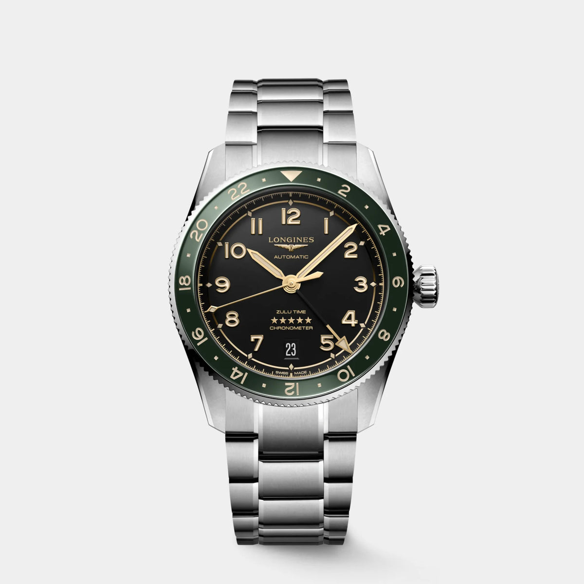 Longines | Spirit Zulu Time 39mm - Black Dial Green Bezel on Bracelet