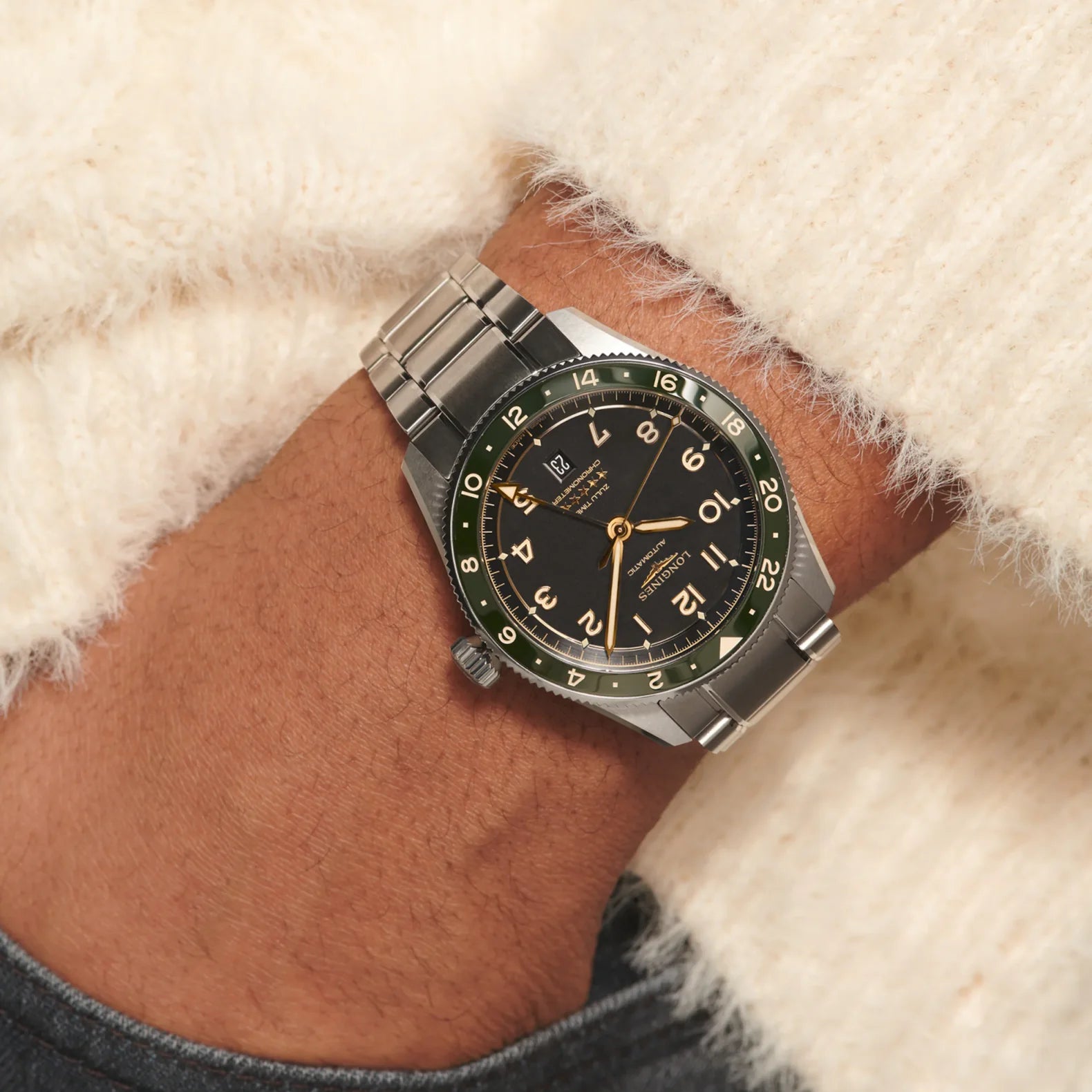 Longines | Spirit Zulu Time 42mm - Black Dial Green Bezel on Bracelet
