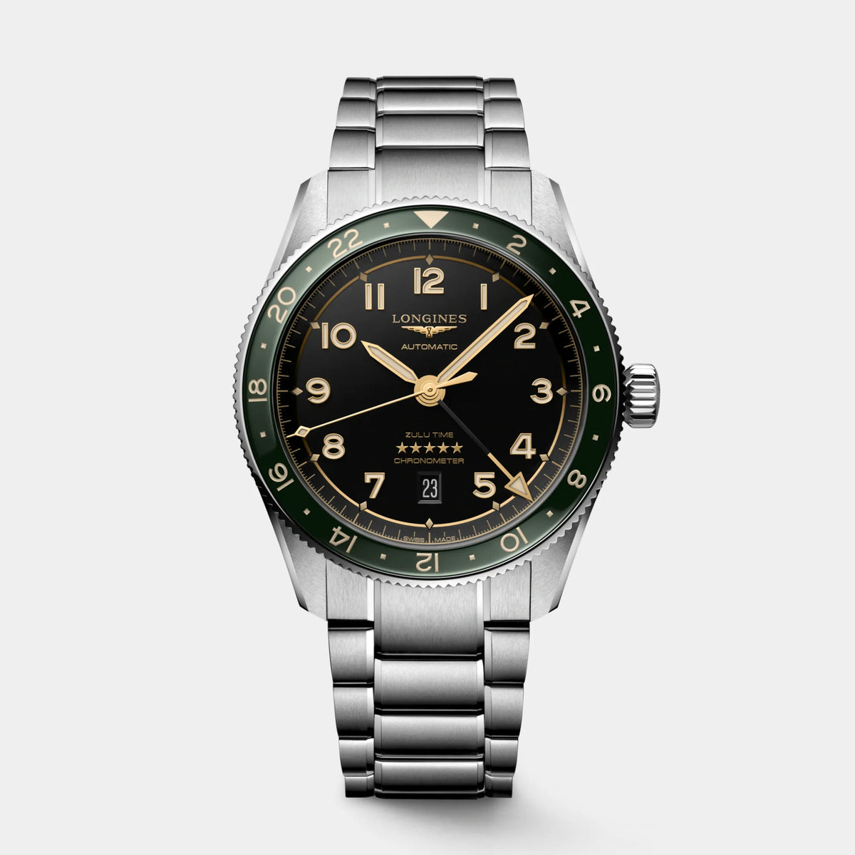 アルジルリン Longines | Spirit Zulu Time 42mm - Black Dial Green Bezel on Bracelet