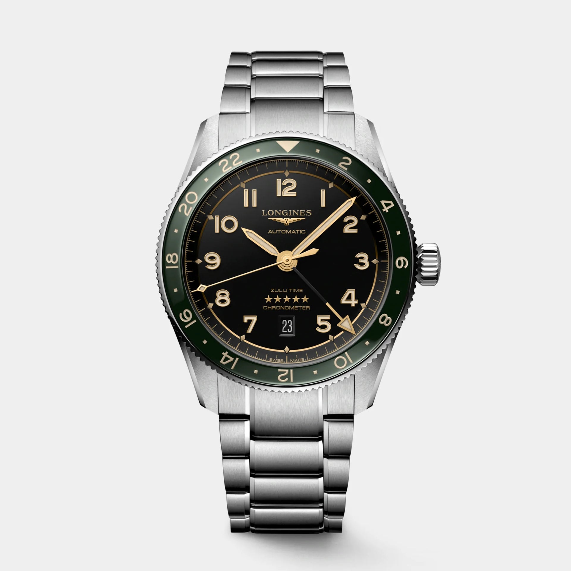 Longines | Spirit Zulu Time 42mm - Black Dial Green Bezel on Bracelet