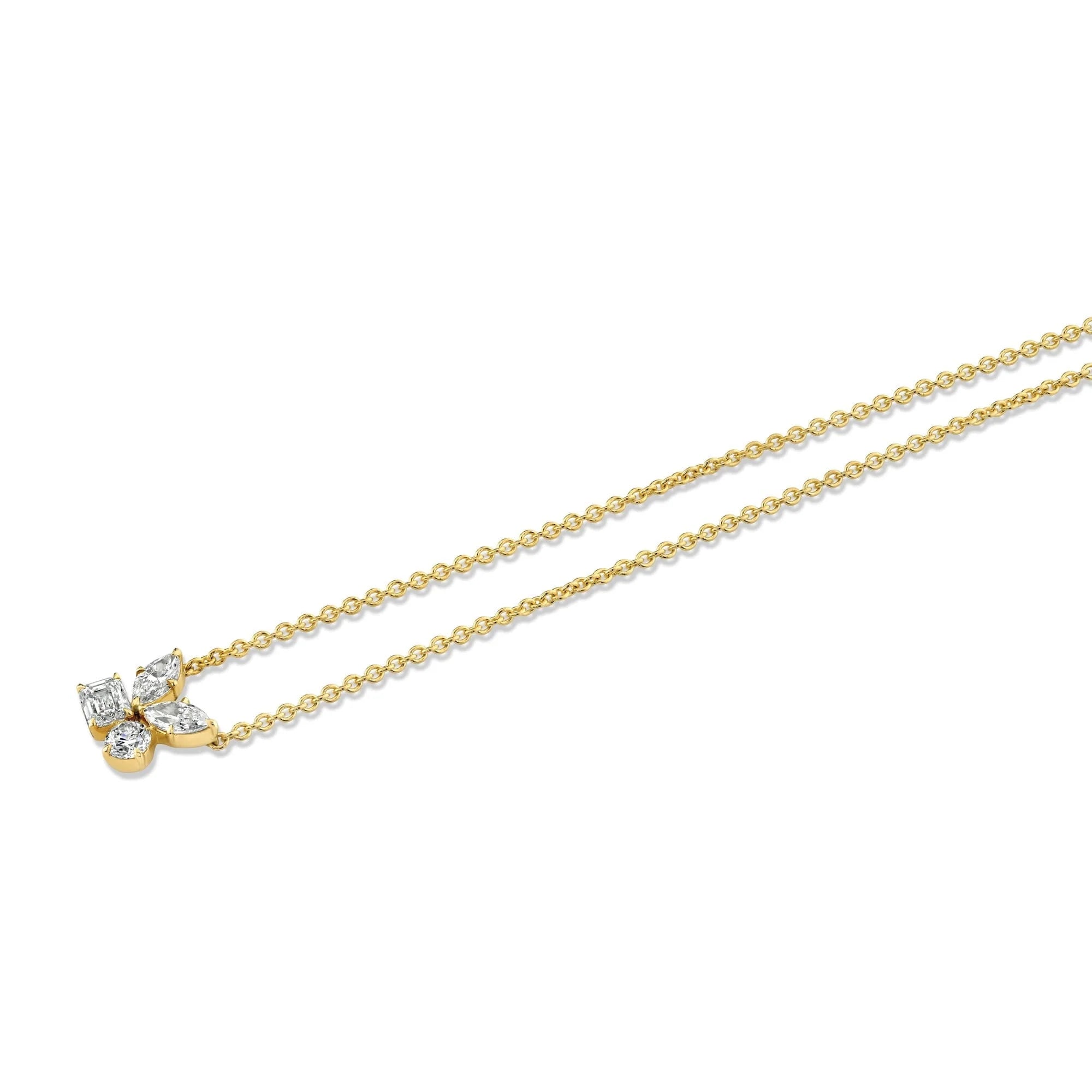 Yellow gold diamond cluster necklace on white background, side view