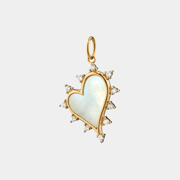 Yellow gold white mother of pearl and diamond heart pendant