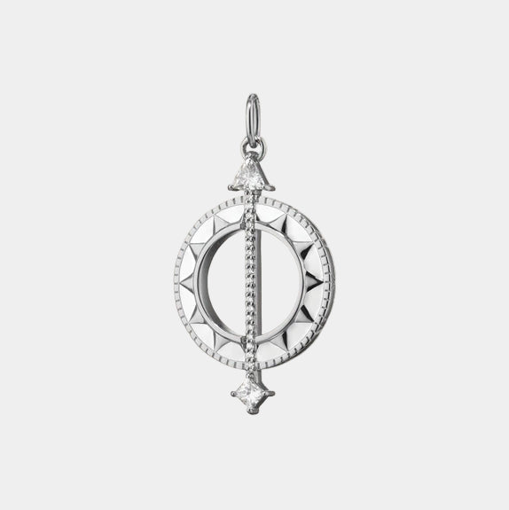 Sterling silver sundial rock crystal and white sapphire necklace o grey background